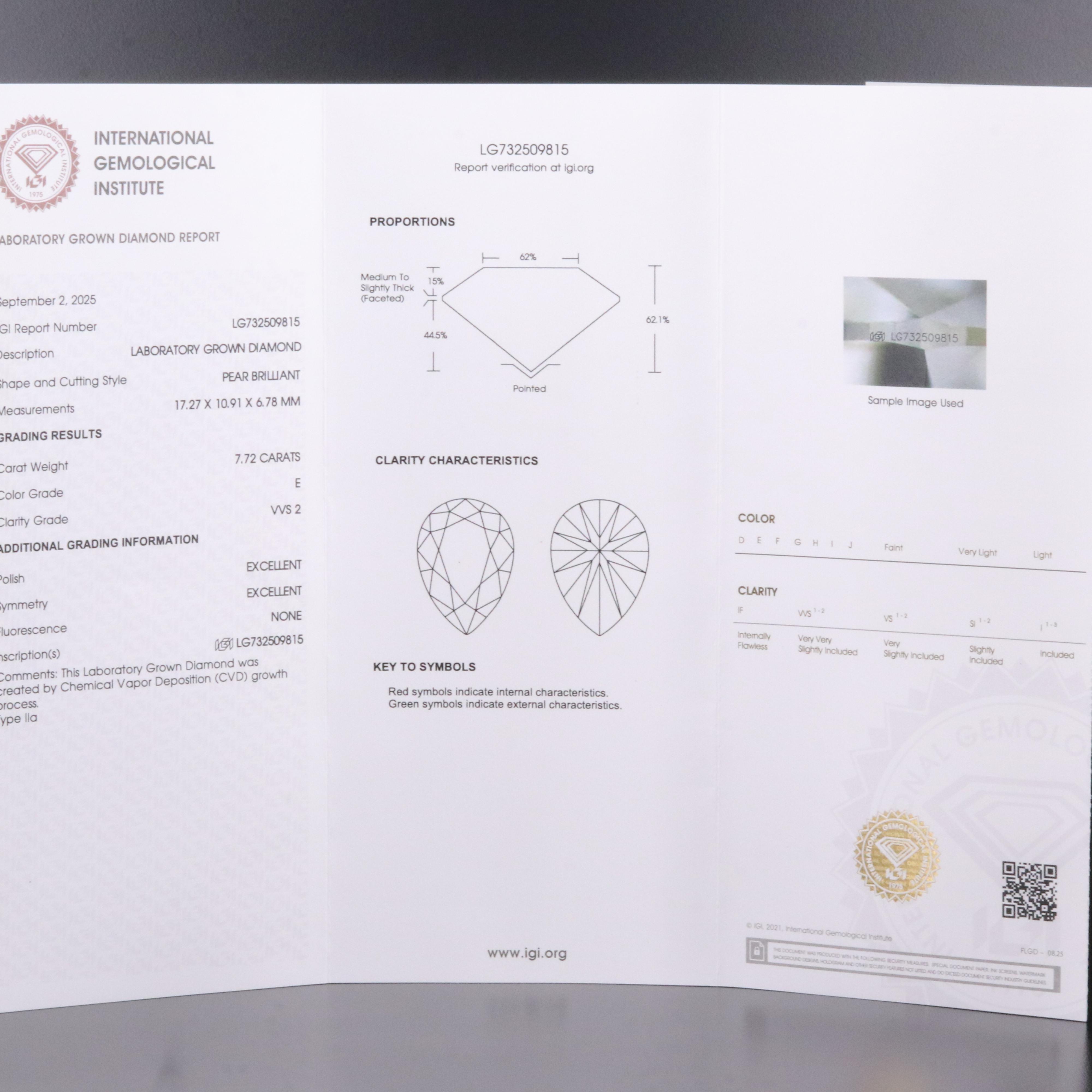 Loose 7.72 CT Lab Grown Diamond with IGI Report