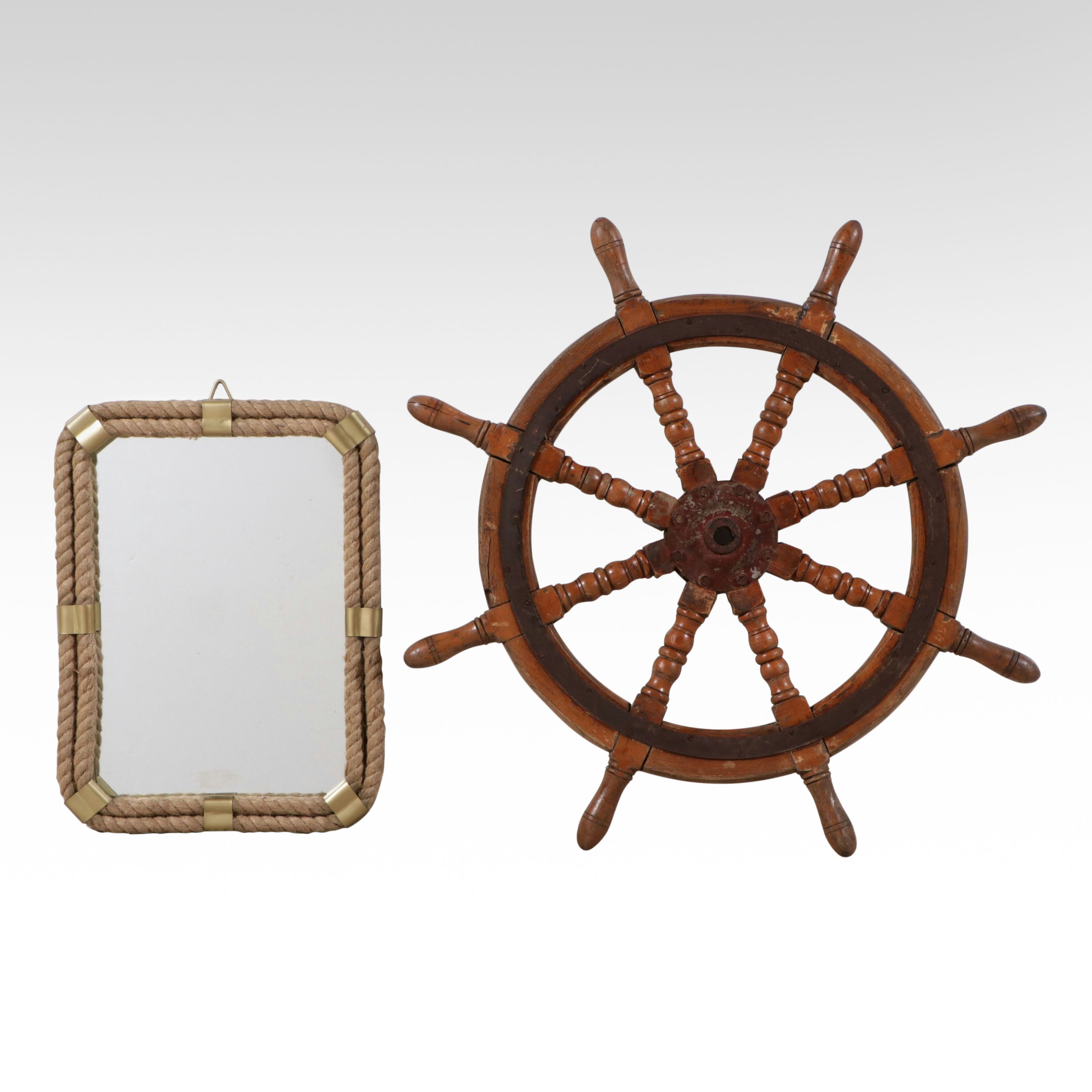 Oak and Steel Ship's Wheel with Nautical Theme Rope Wall Mirror