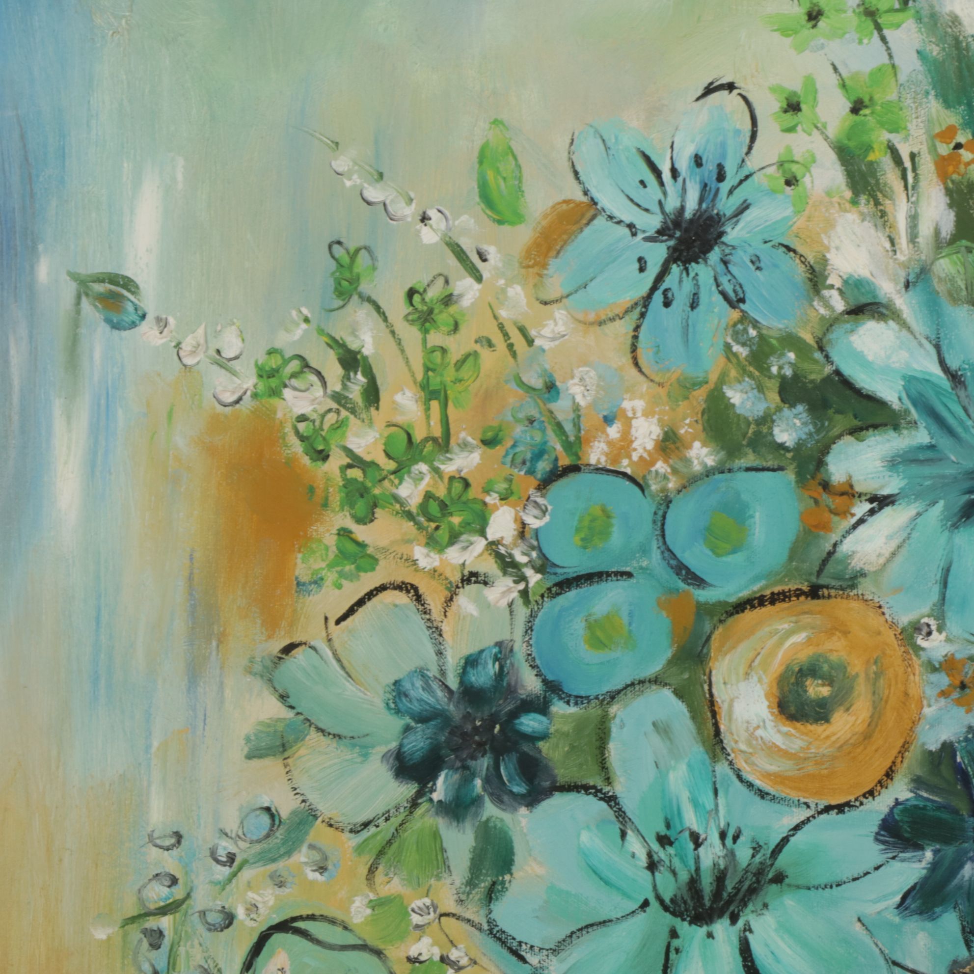 L. Karshner Still Life Oil Painting of Cool-Toned Floral Bouquet and Fruit, 1967