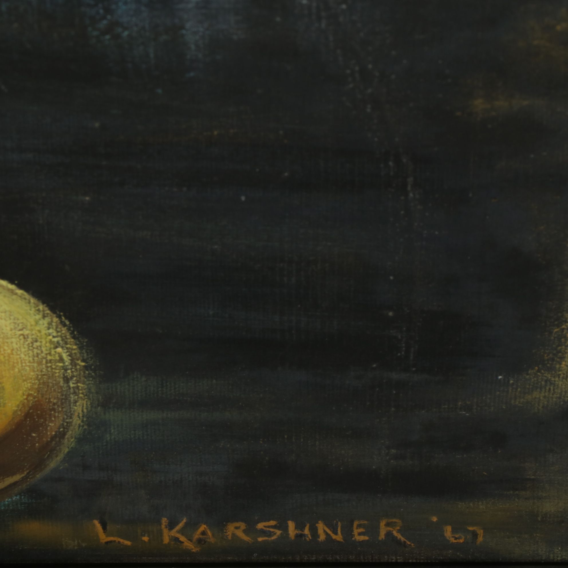 L. Karshner Still Life Oil Painting of Cool-Toned Floral Bouquet and Fruit, 1967