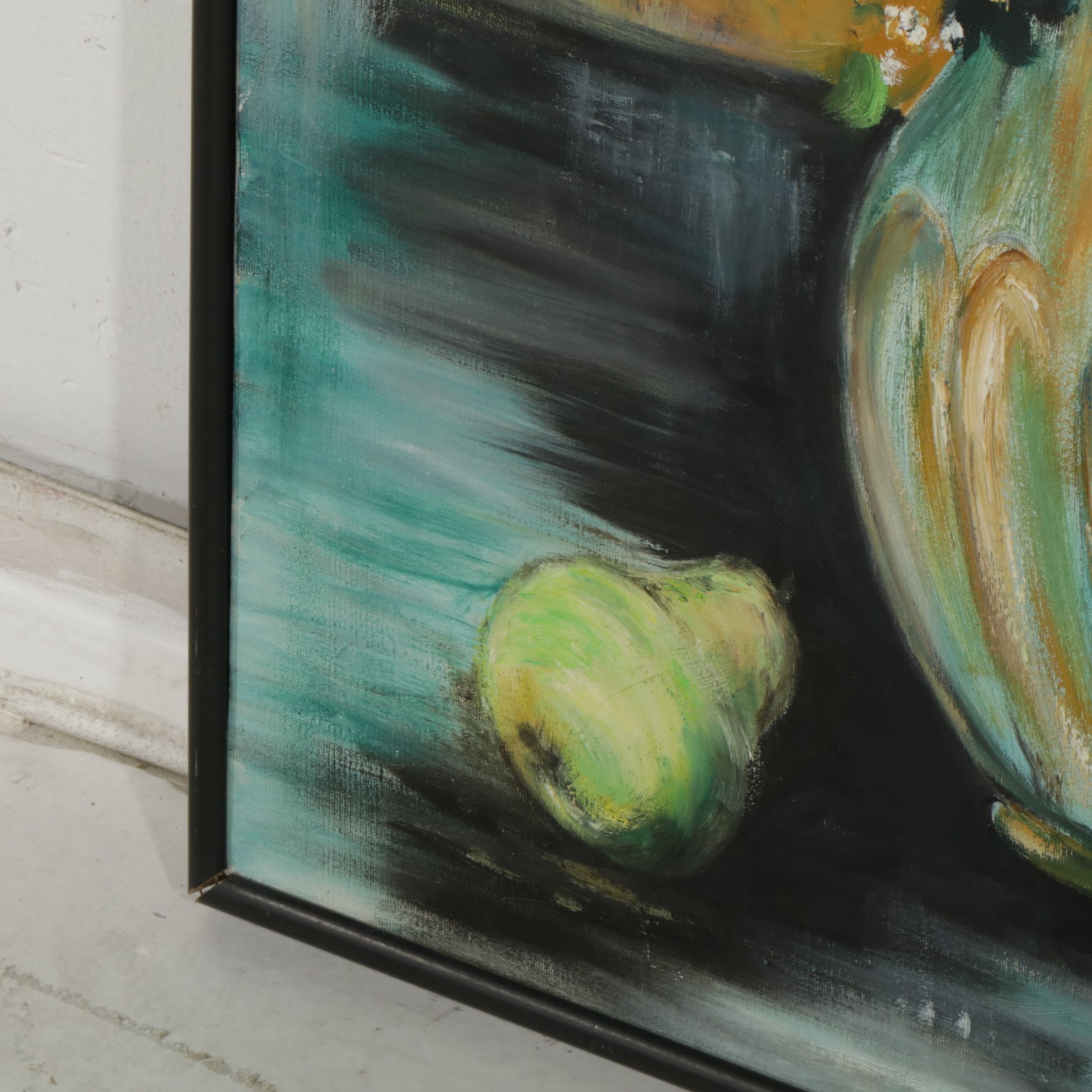 L. Karshner Still Life Oil Painting of Cool-Toned Floral Bouquet and Fruit, 1967