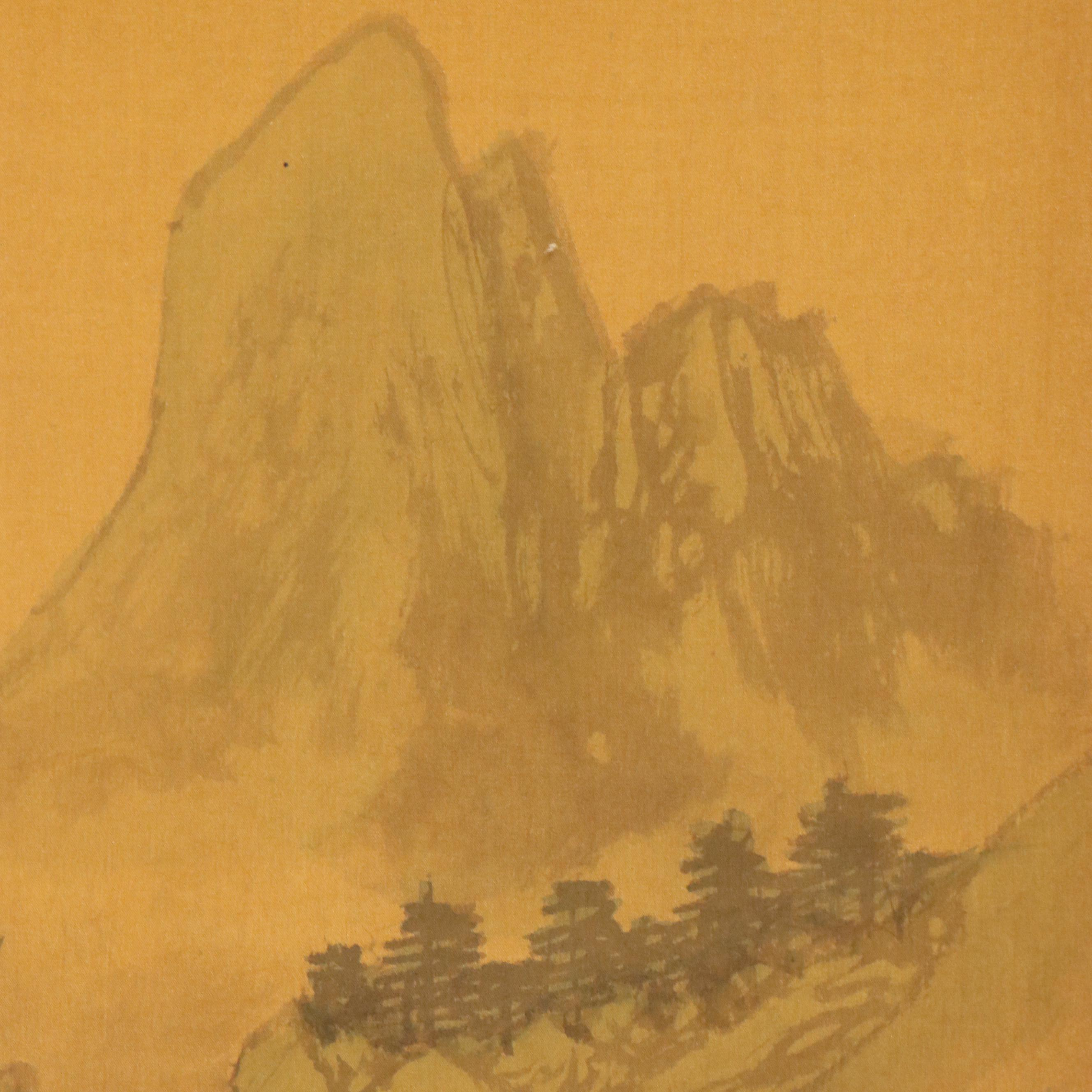 Chinese School Landscape Watercolor Painting with Farmers and Fisherman, 20th C.