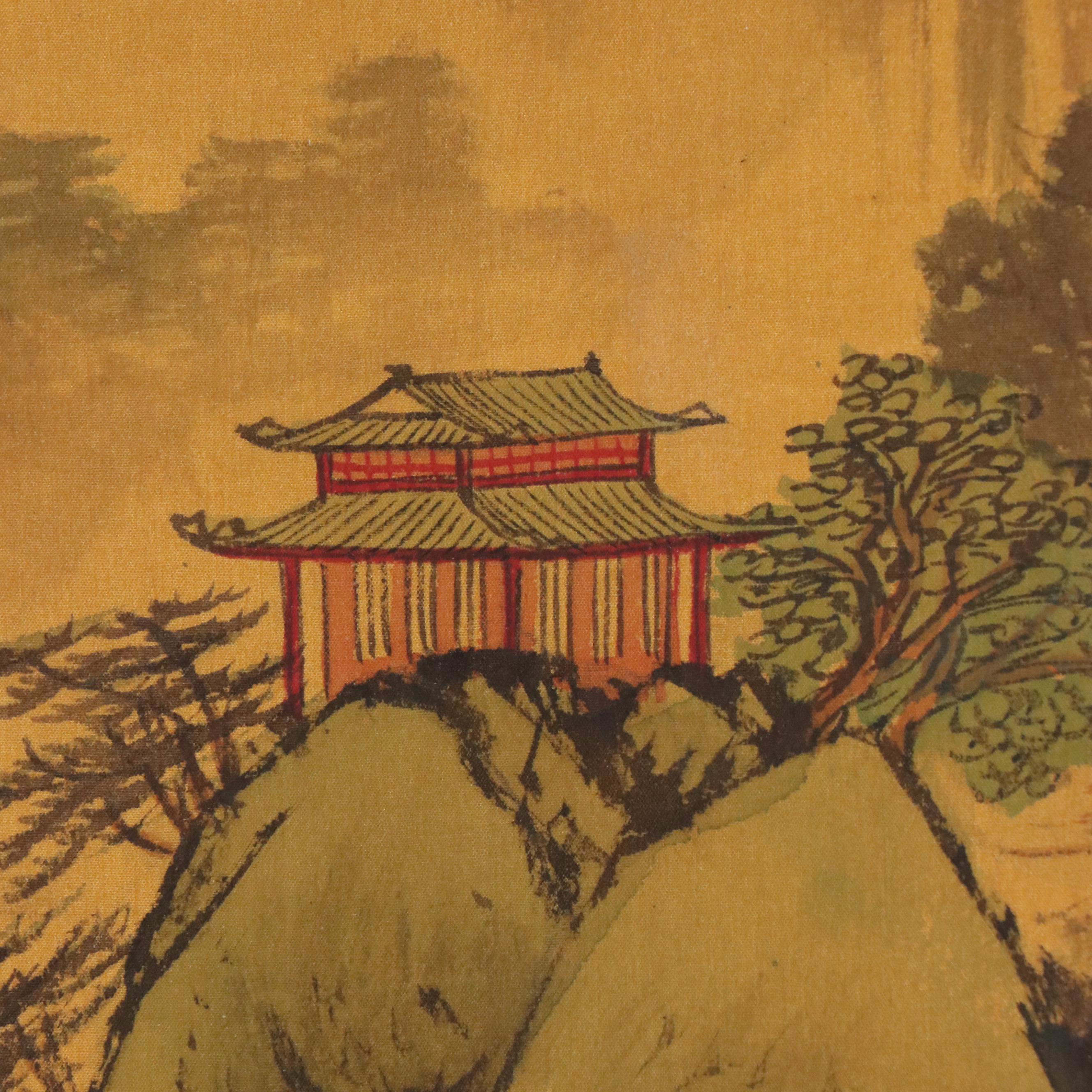 Chinese School Landscape Watercolor Painting with Farmers and Fisherman, 20th C.