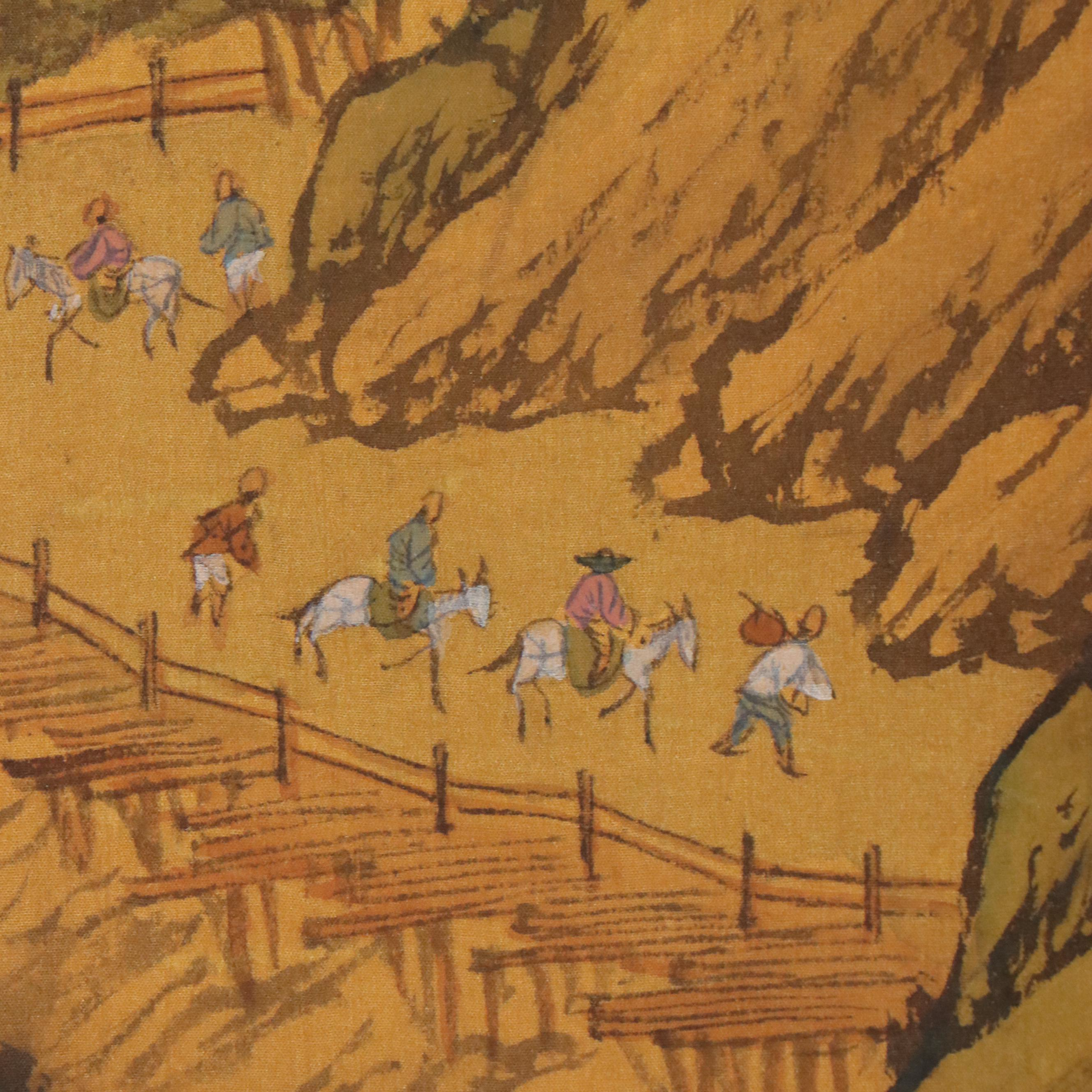 Chinese School Landscape Watercolor Painting with Farmers and Fisherman, 20th C.