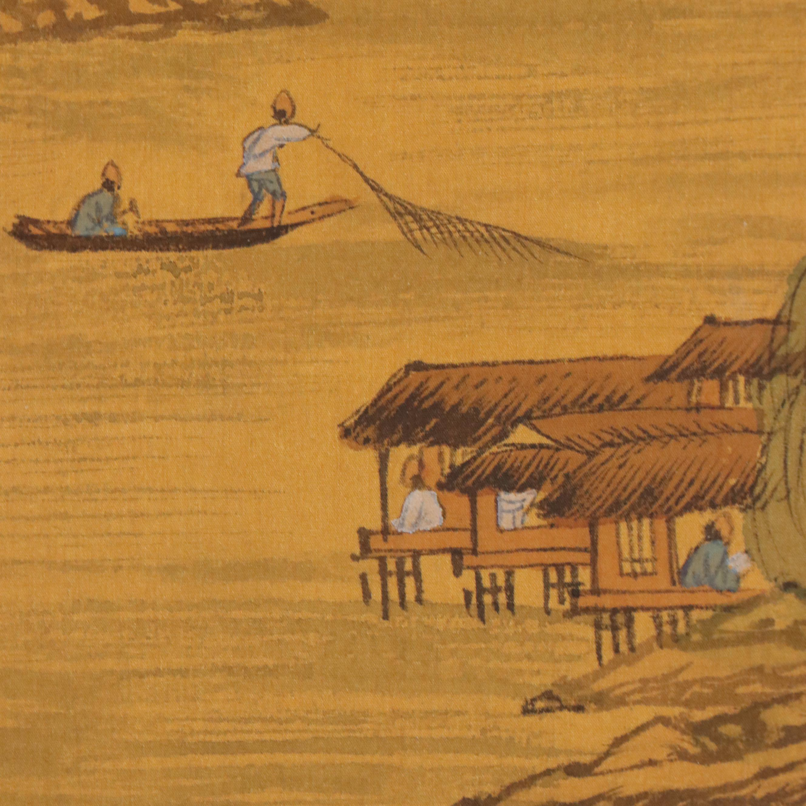 Chinese School Landscape Watercolor Painting with Farmers and Fisherman, 20th C.