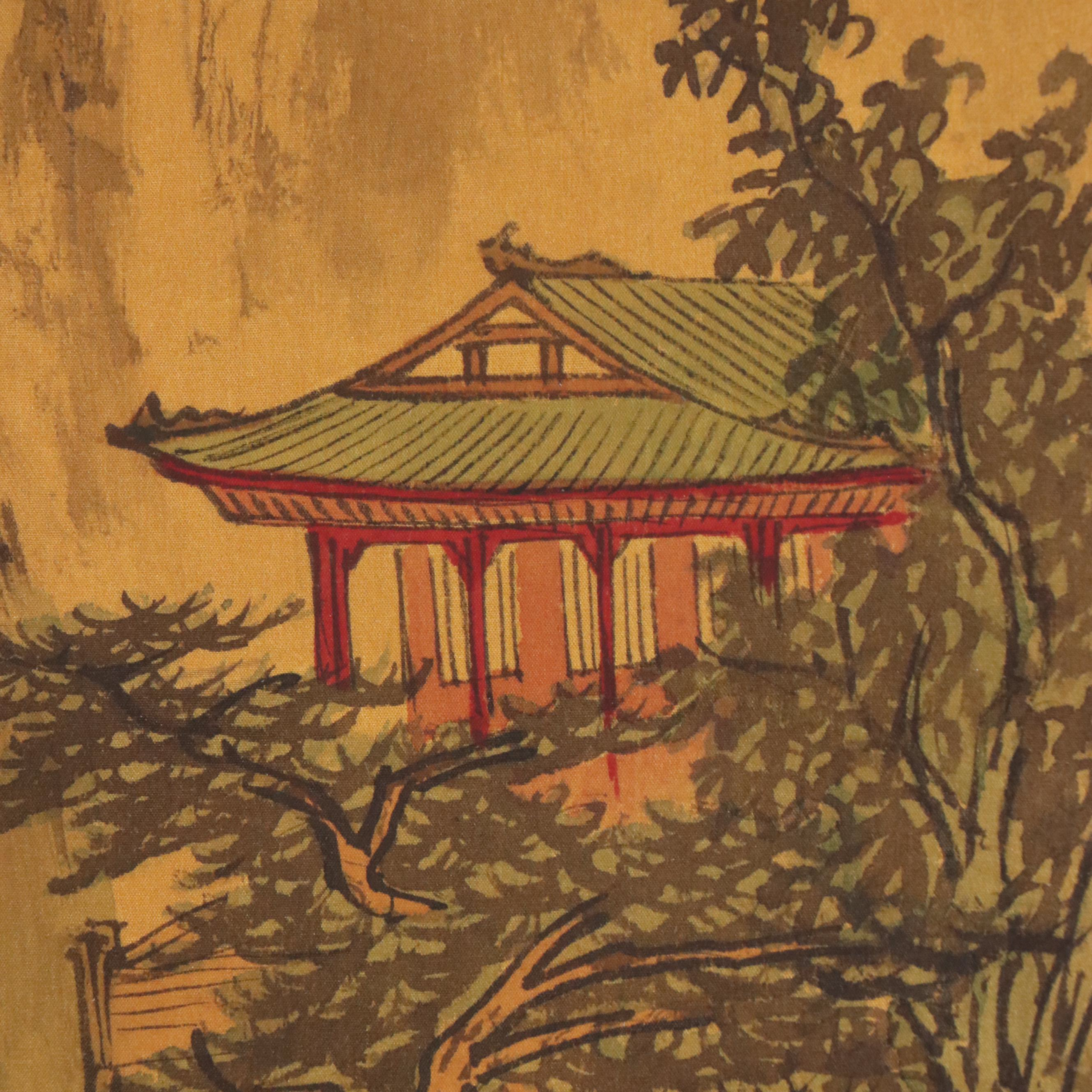 Chinese School Landscape Watercolor Painting with Farmers and Fisherman, 20th C.