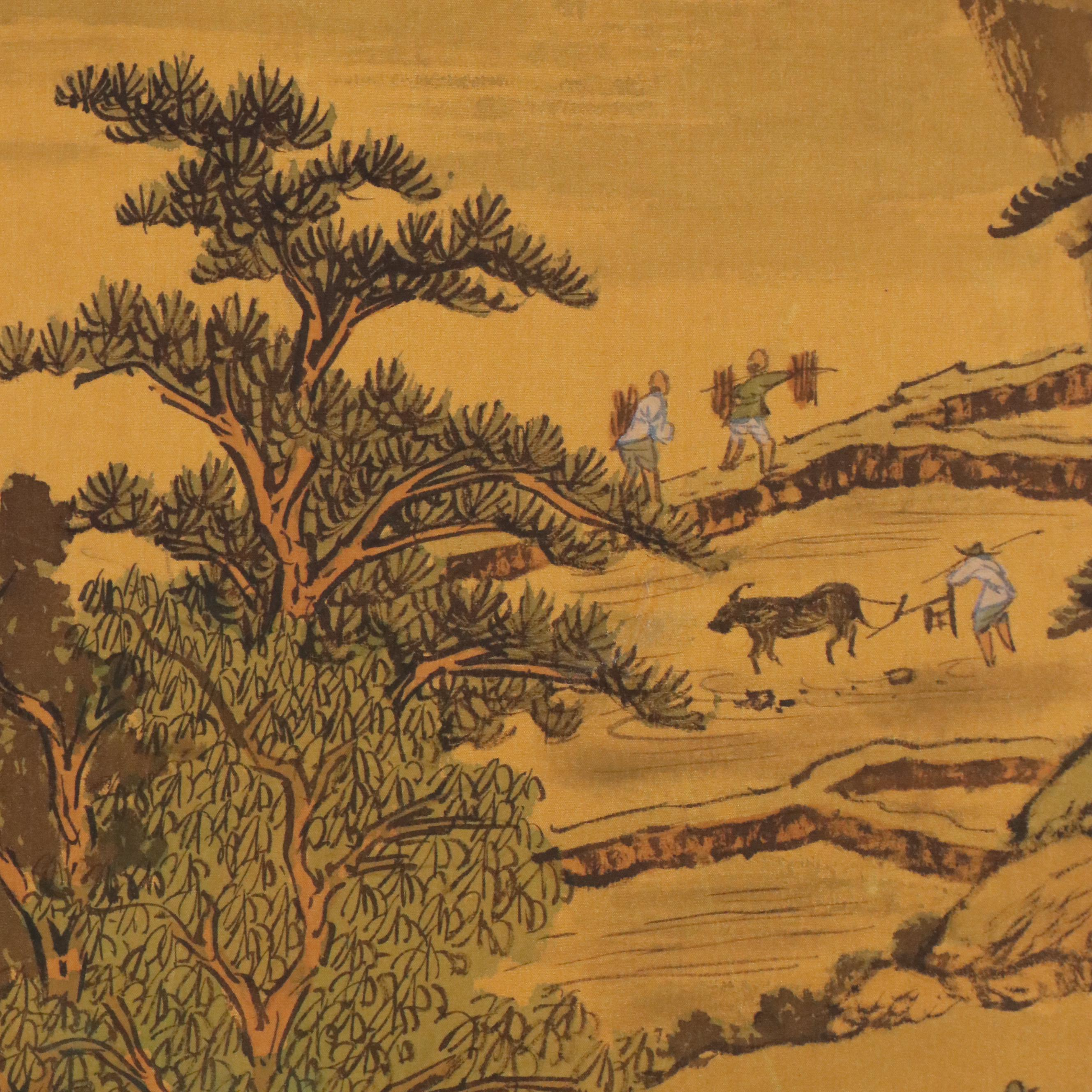 Chinese School Landscape Watercolor Painting with Farmers and Fisherman, 20th C.