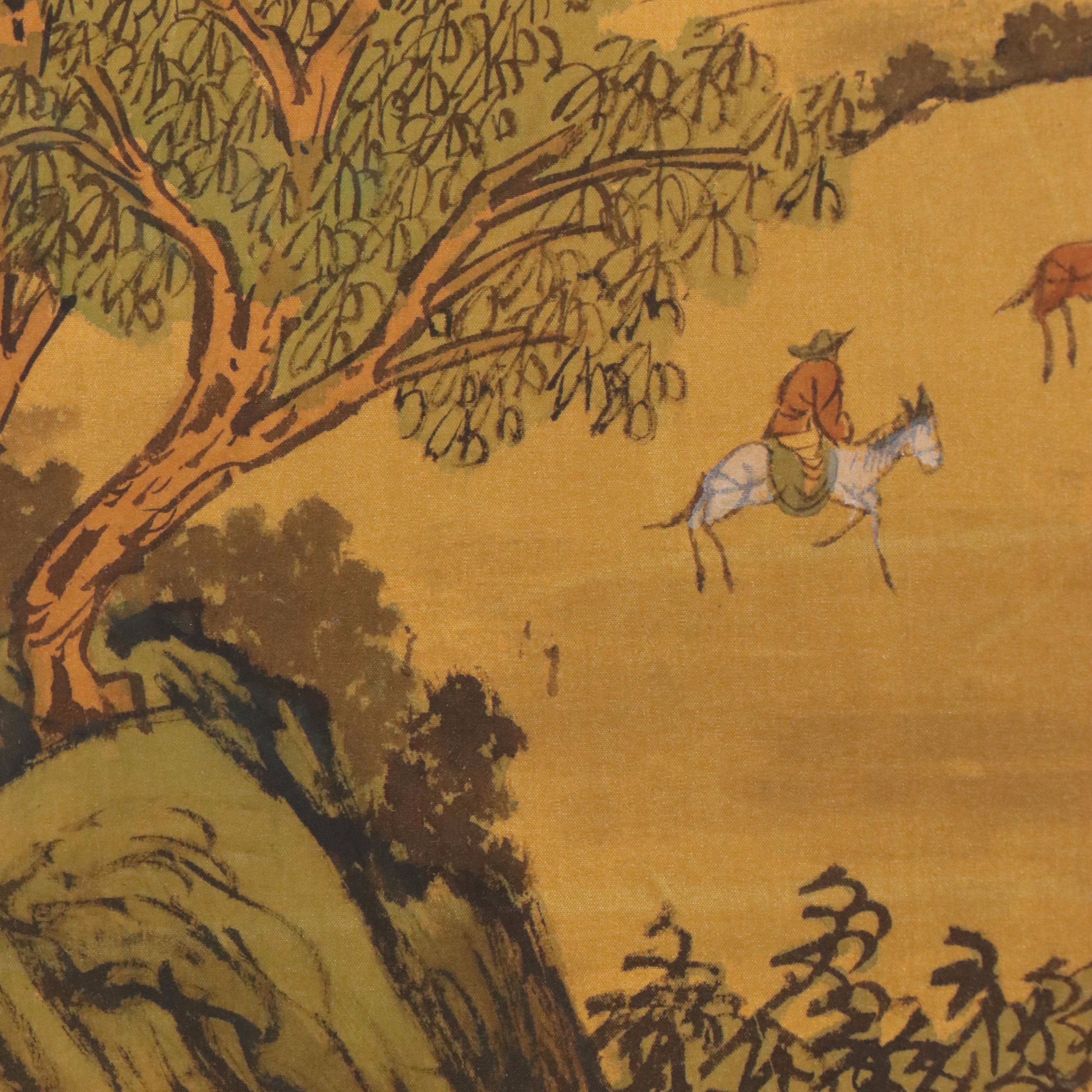 Chinese School Landscape Watercolor Painting with Farmers and Fisherman, 20th C.