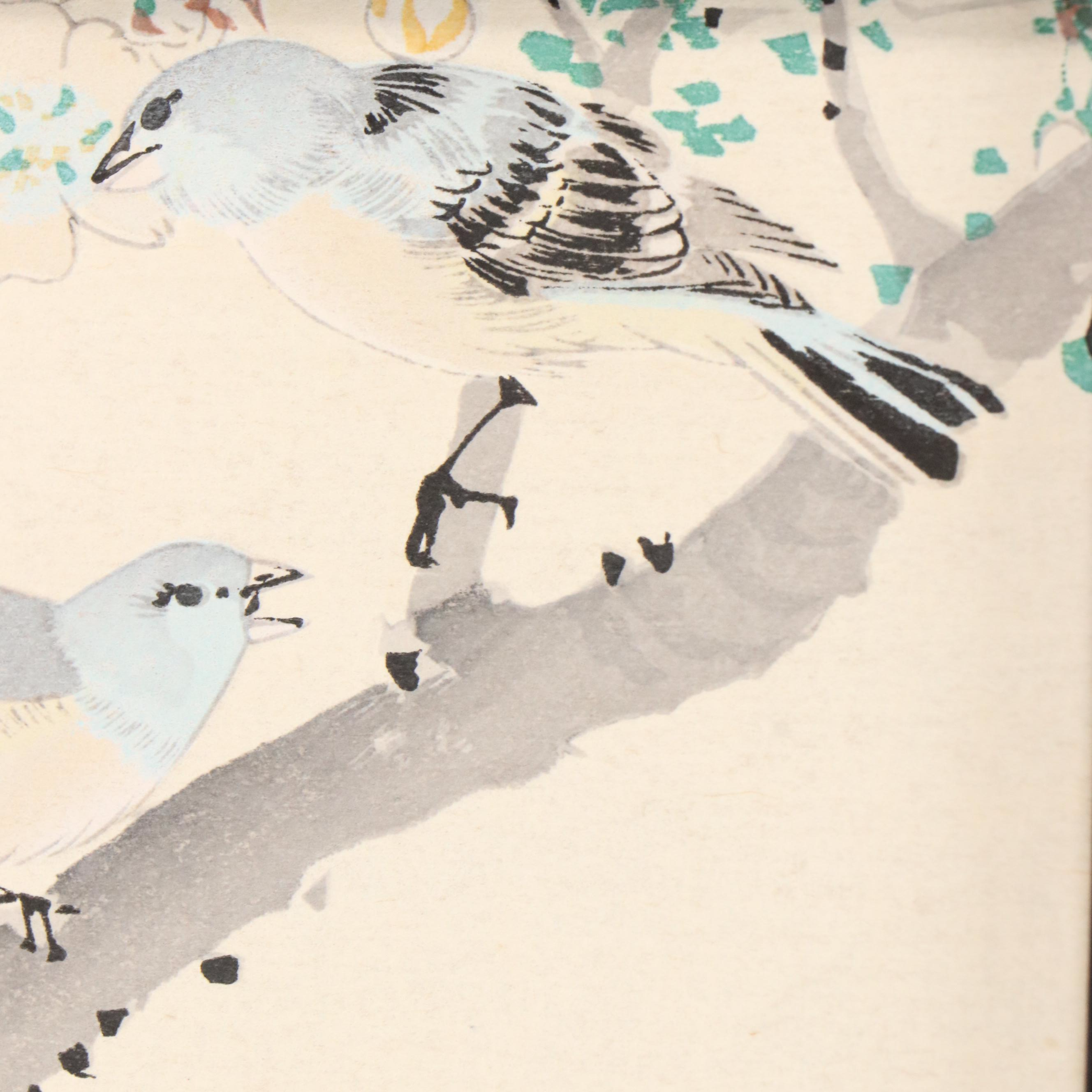 Japanese Woodblock of Birds Perched on Blossom Branch