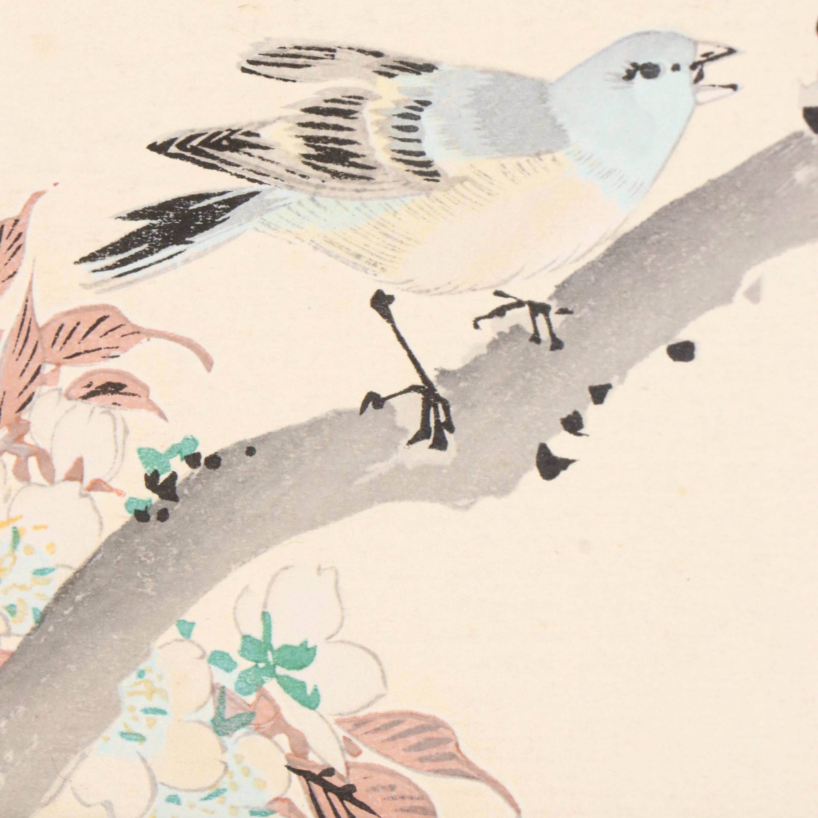 Japanese Woodblock of Birds Perched on Blossom Branch