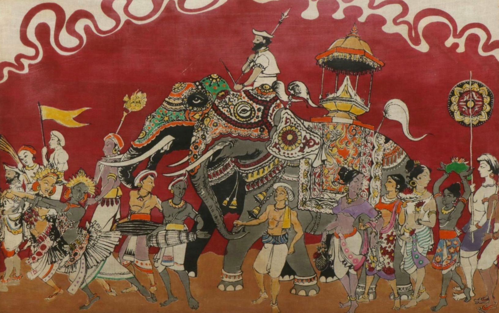 Hand-Painted Folk Art Scene of a Traveling Royal Entourage, Circa 1970