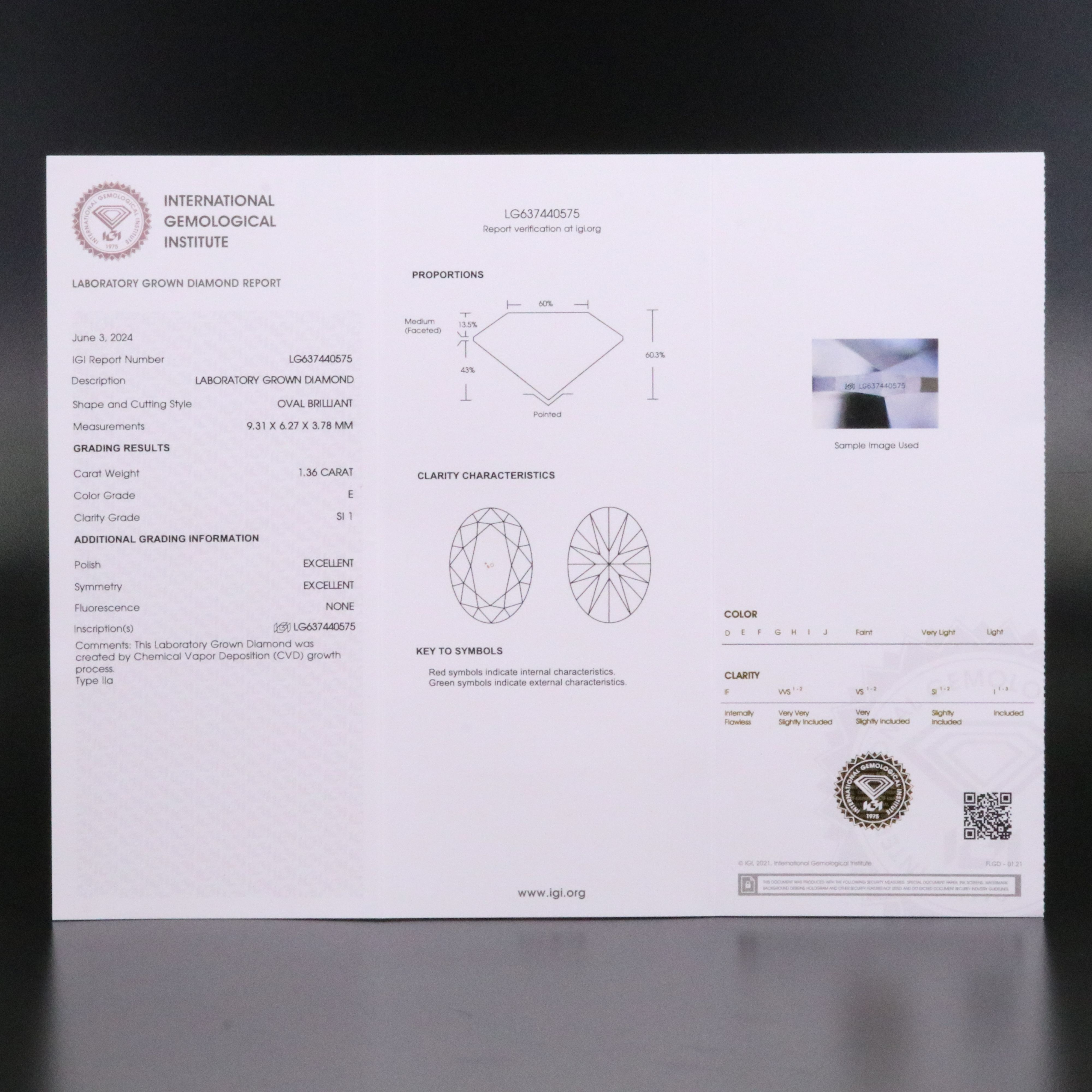 Loose 1.36 CT Lab Grown Diamond with IGI Report
