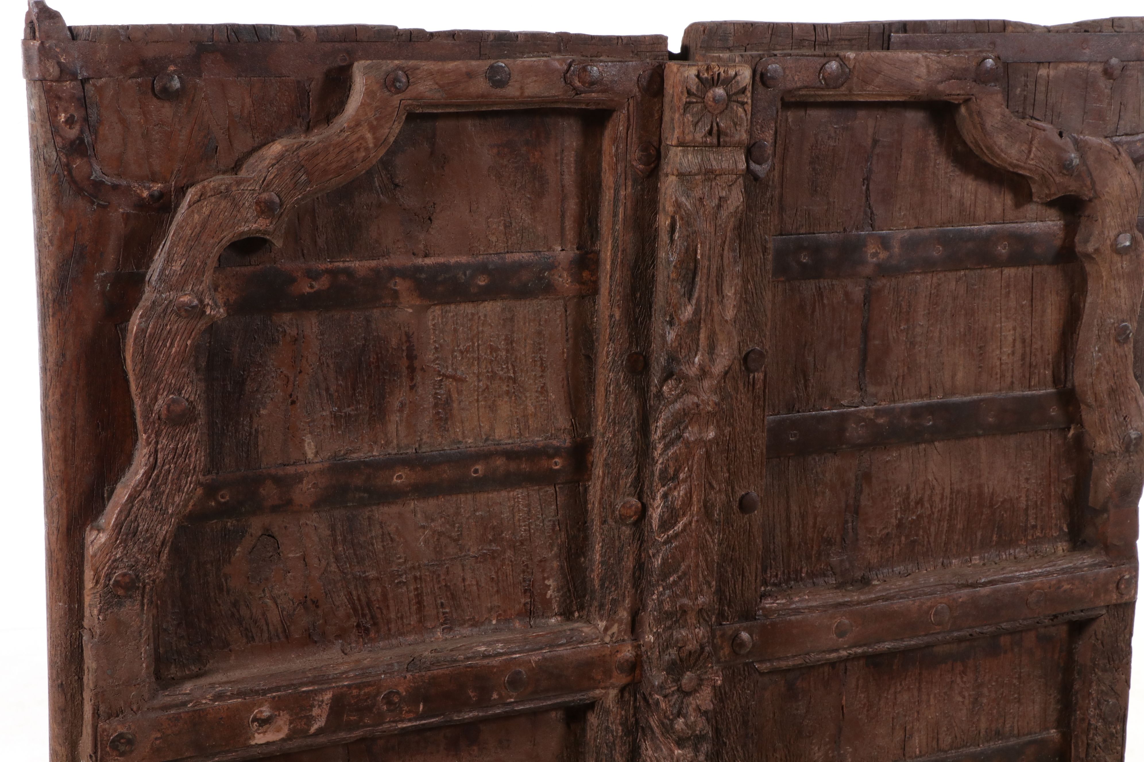 Reclaimed Indian Carved Wood Double Doors on Metal Stand