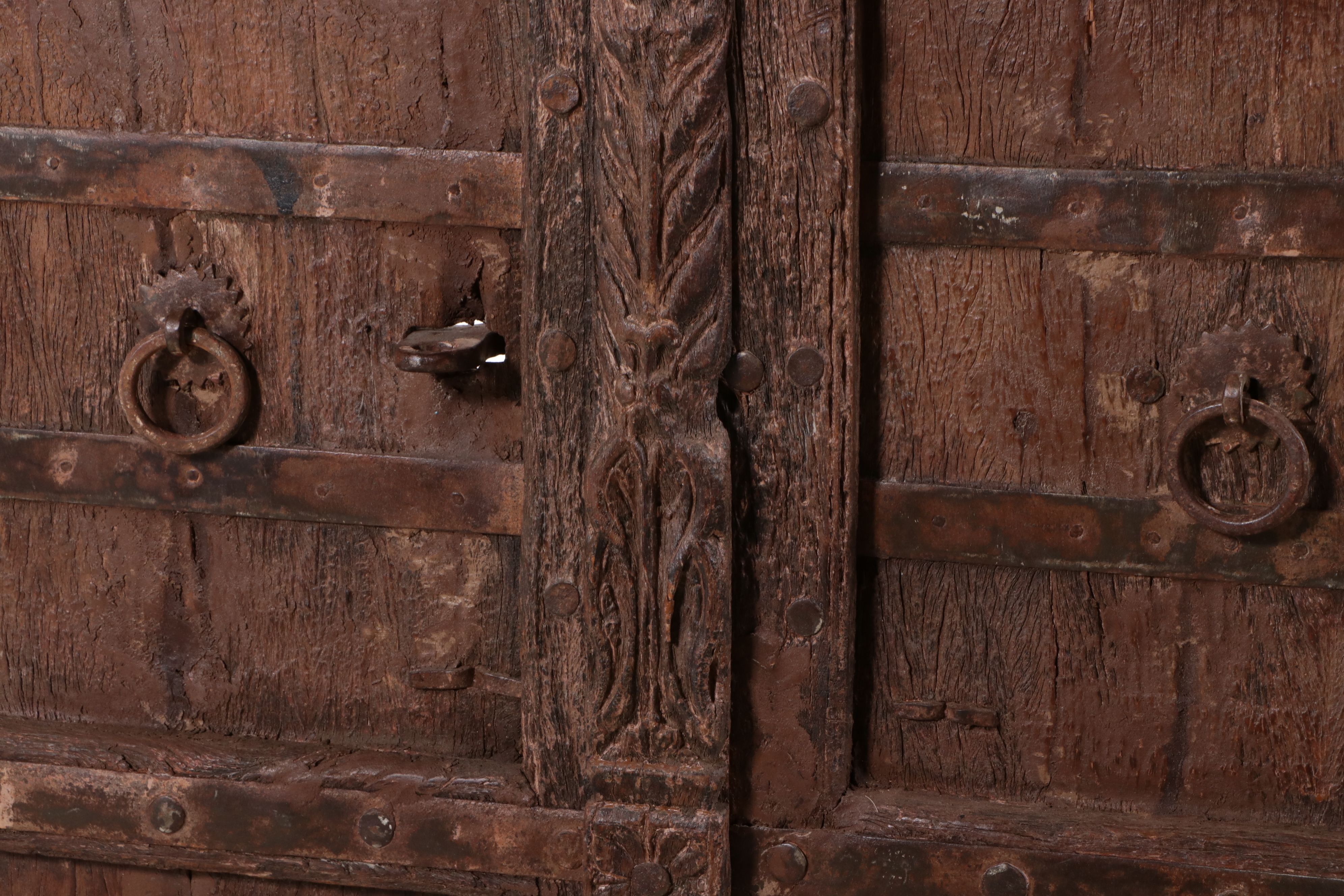 Reclaimed Indian Carved Wood Double Doors on Metal Stand