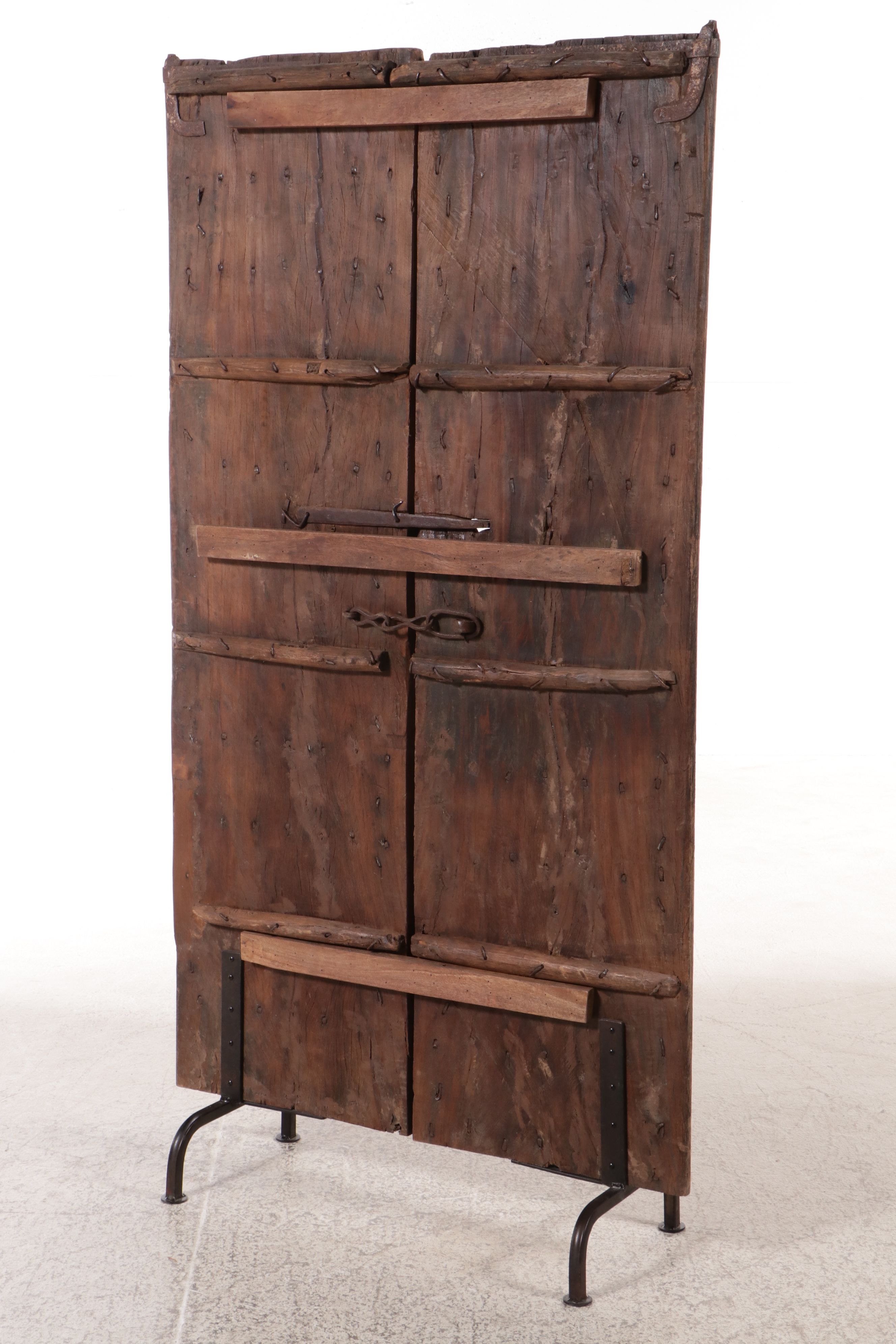 Reclaimed Indian Carved Wood Double Doors on Metal Stand