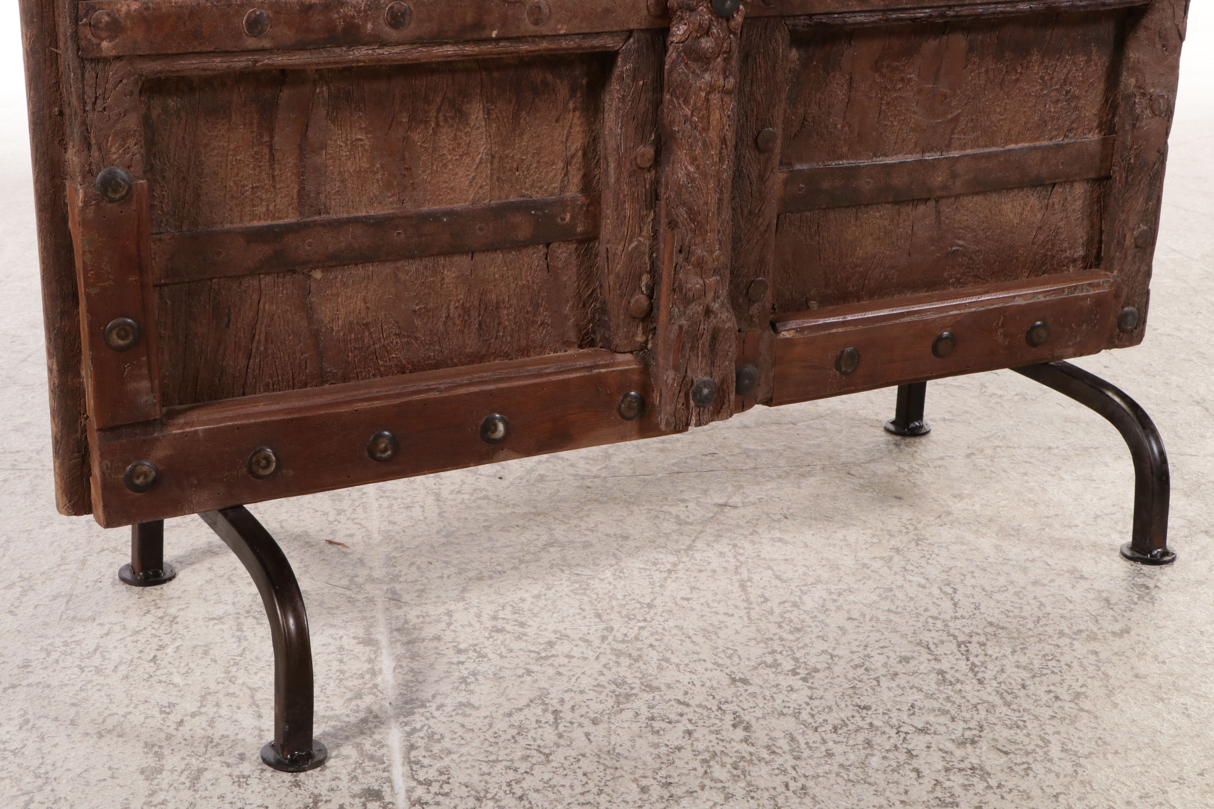 Reclaimed Indian Carved Wood Double Doors on Metal Stand