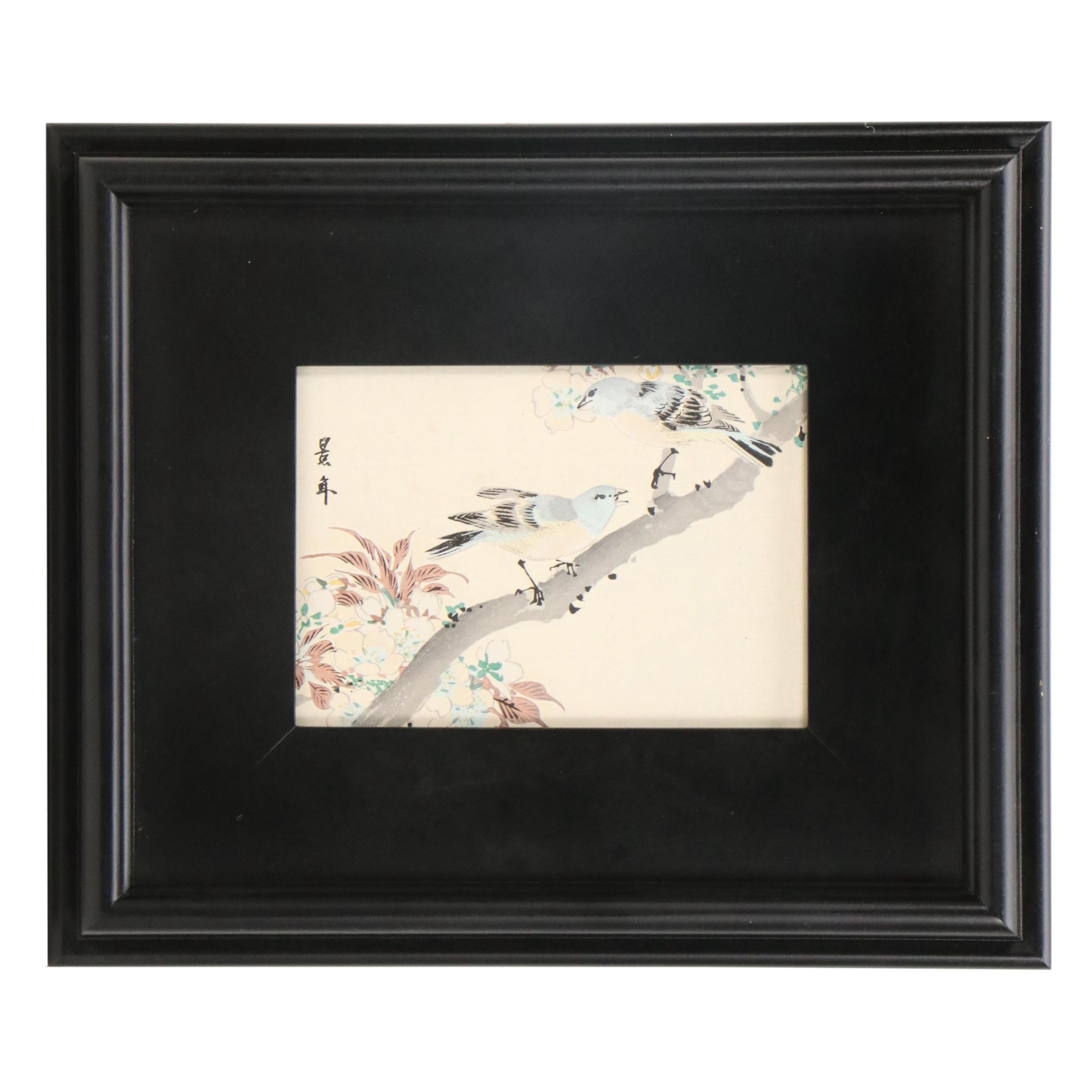 Japanese Woodblock of Birds Perched on Blossom Branch