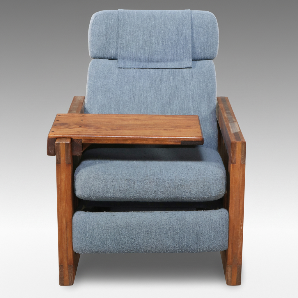 This End Up Blue Upholstered Pine Recliner with Arm Tray, Late 20th Century