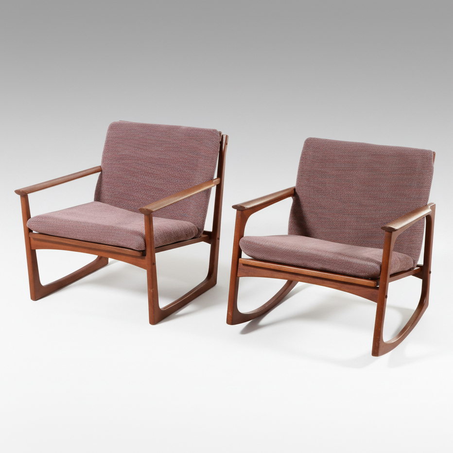 Danish Modern Teak Armchair and Rocking Chair, Style of Ole Wanscher