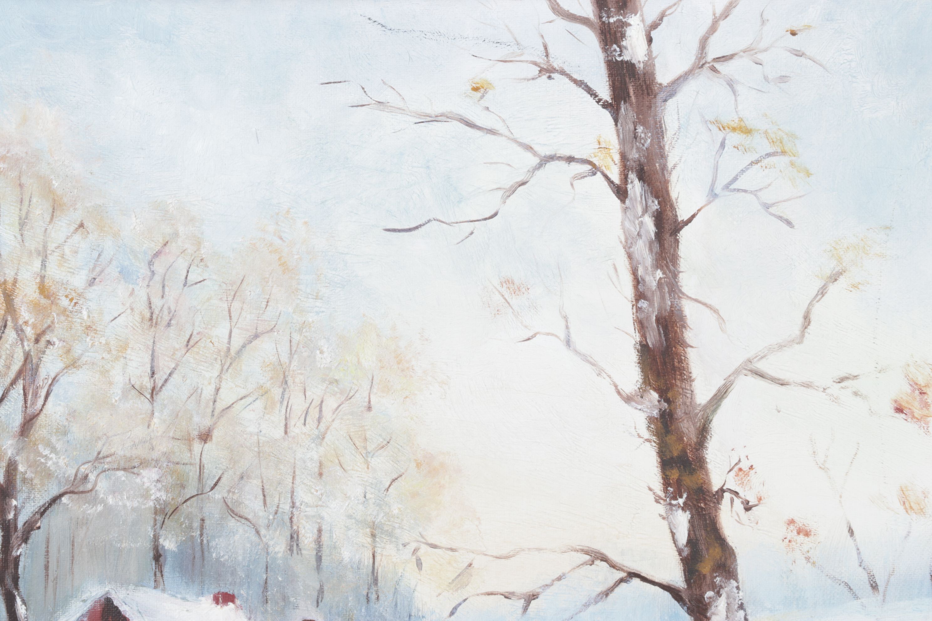 Louise Karshner Winter Landscape Oil Painting of Cottages Near a Stream, 1967