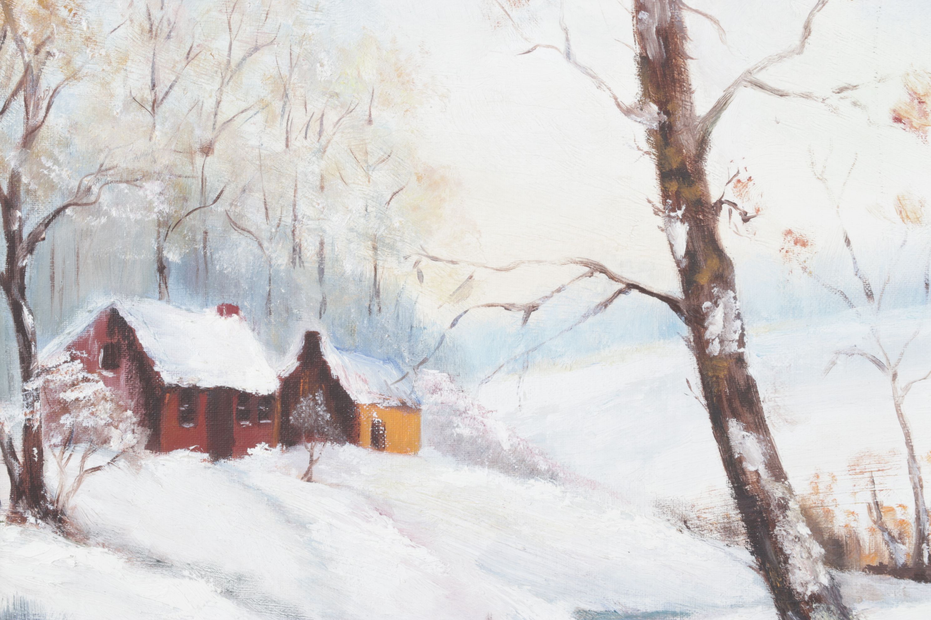 Louise Karshner Winter Landscape Oil Painting of Cottages Near a Stream, 1967