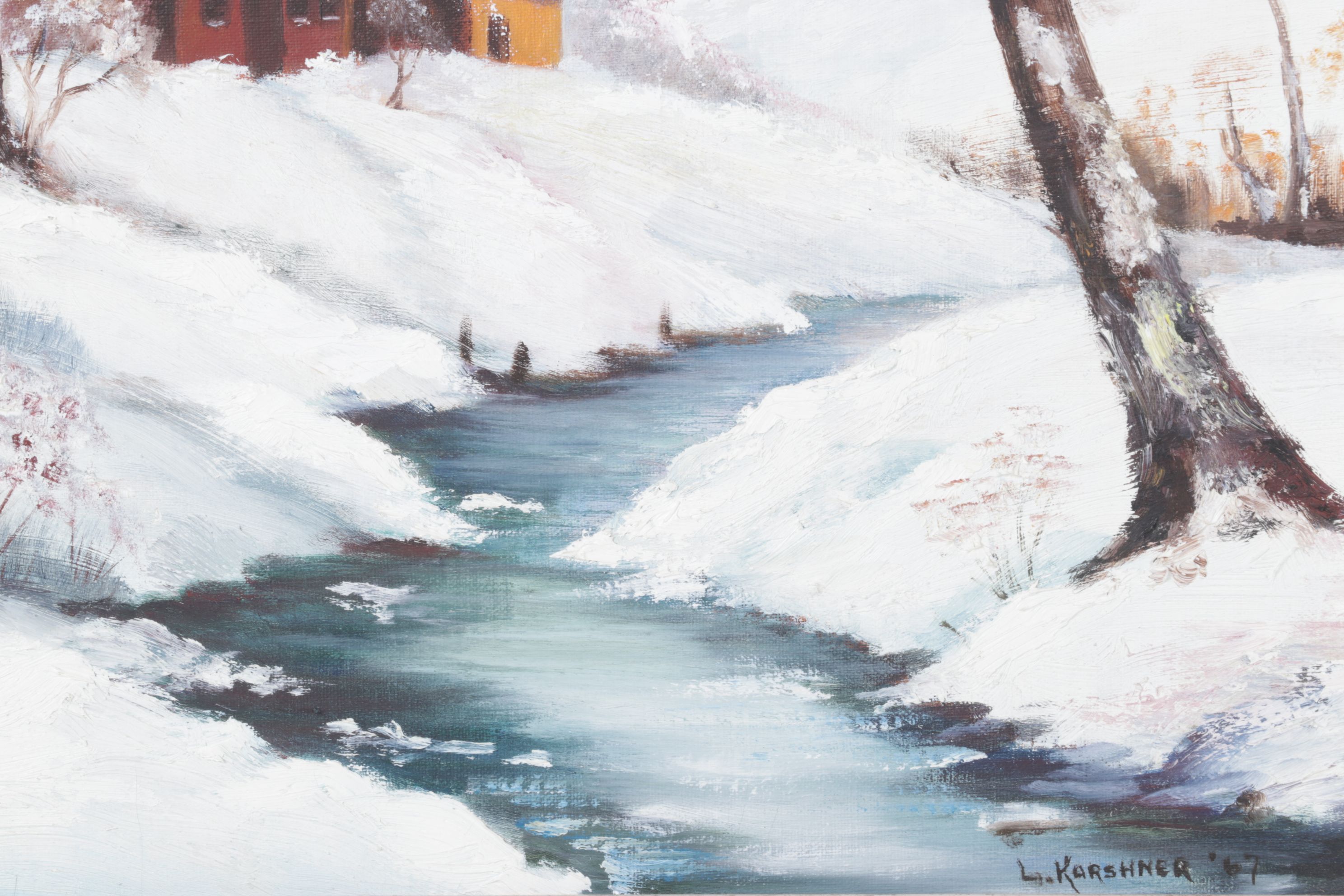 Louise Karshner Winter Landscape Oil Painting of Cottages Near a Stream, 1967
