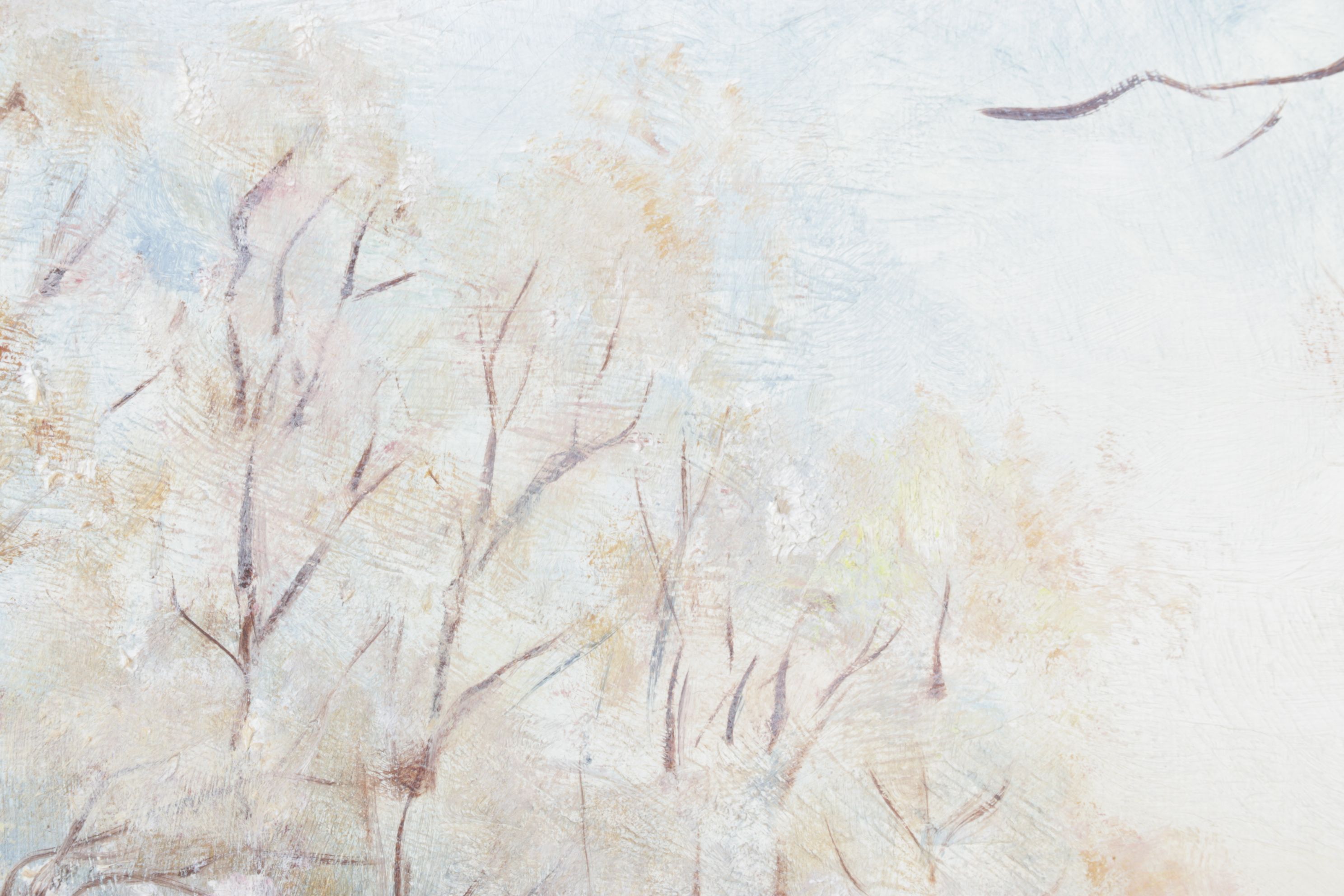 Louise Karshner Winter Landscape Oil Painting of Cottages Near a Stream, 1967