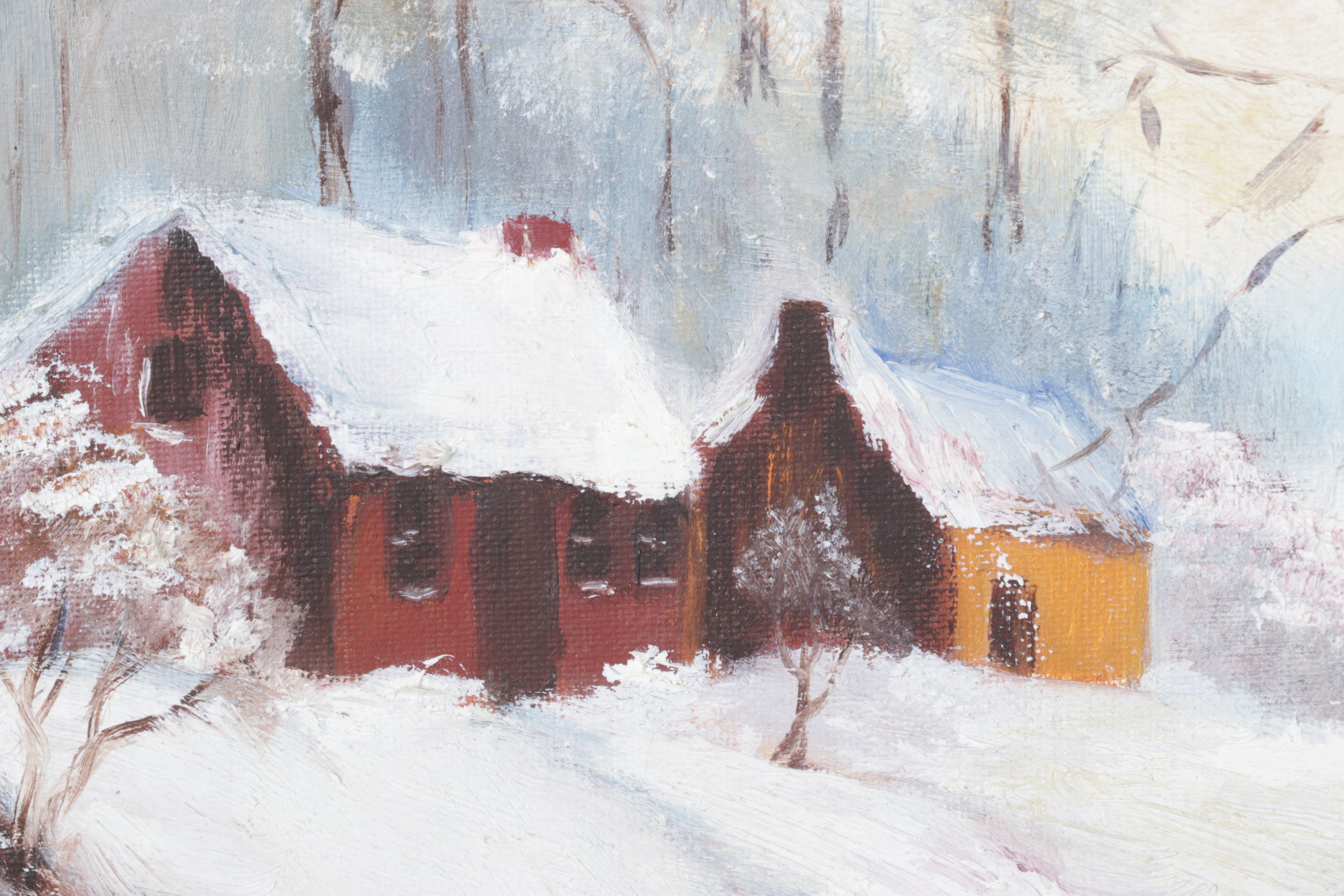 Louise Karshner Winter Landscape Oil Painting of Cottages Near a Stream, 1967