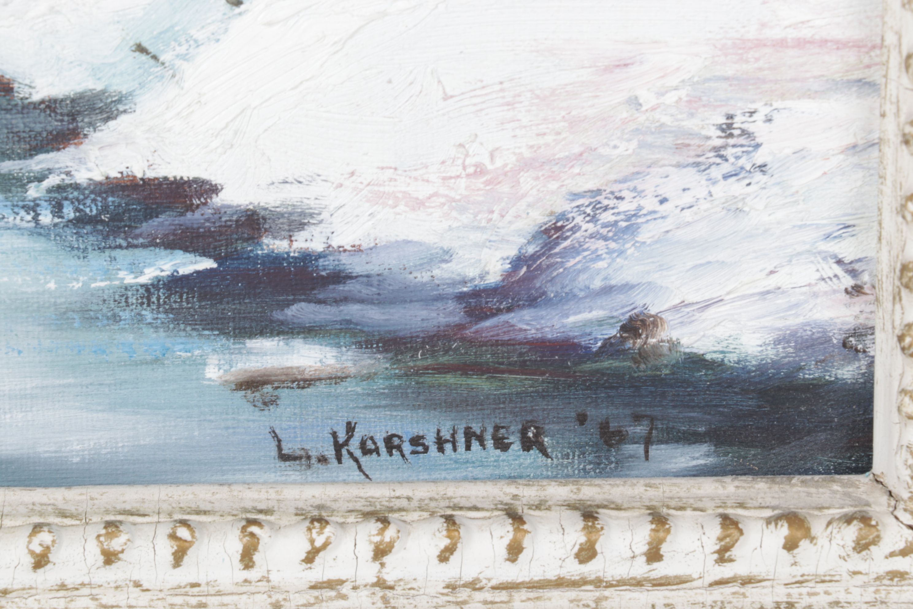 Louise Karshner Winter Landscape Oil Painting of Cottages Near a Stream, 1967