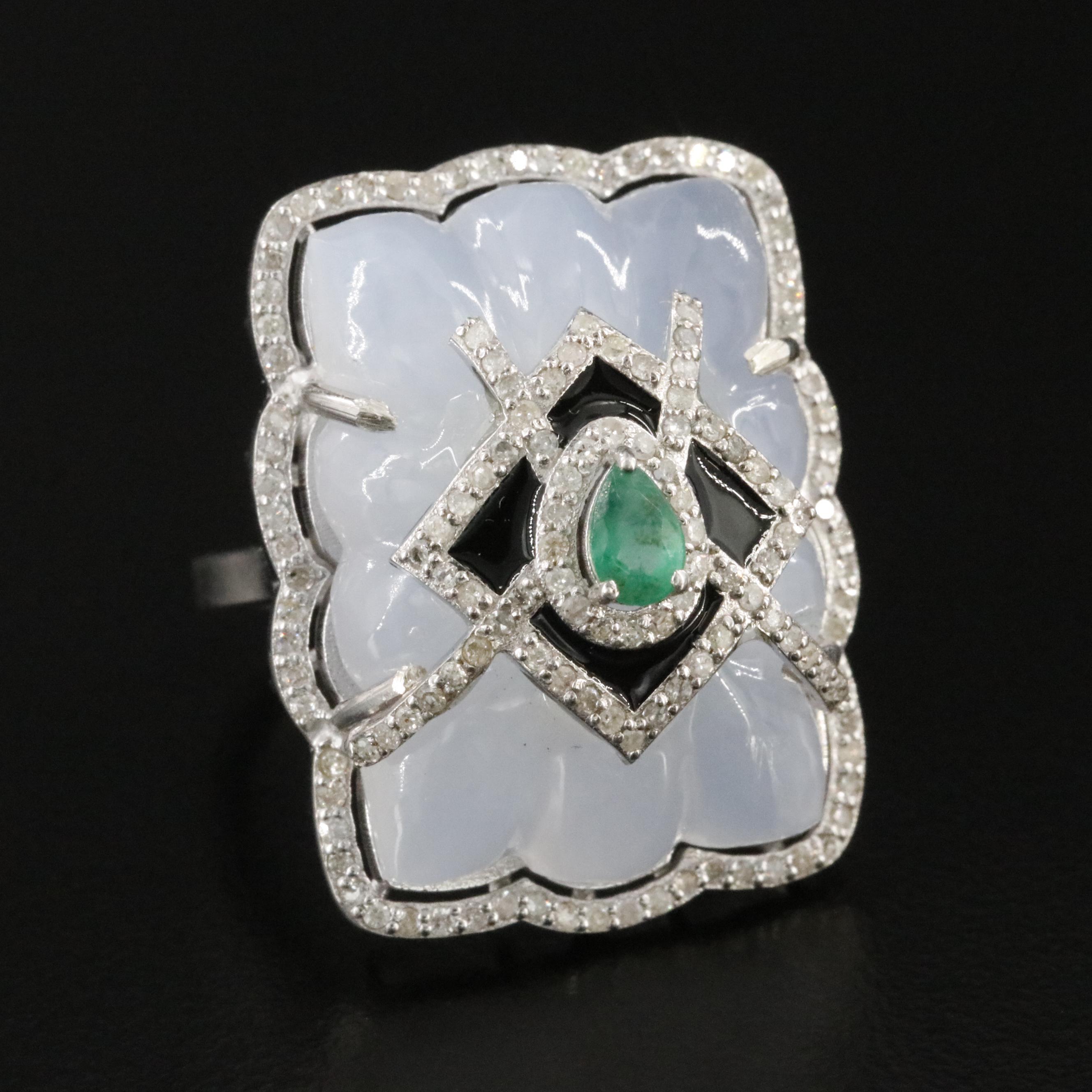 Sterling Emerald, Chalcedony, Diamond and Enamel Ring