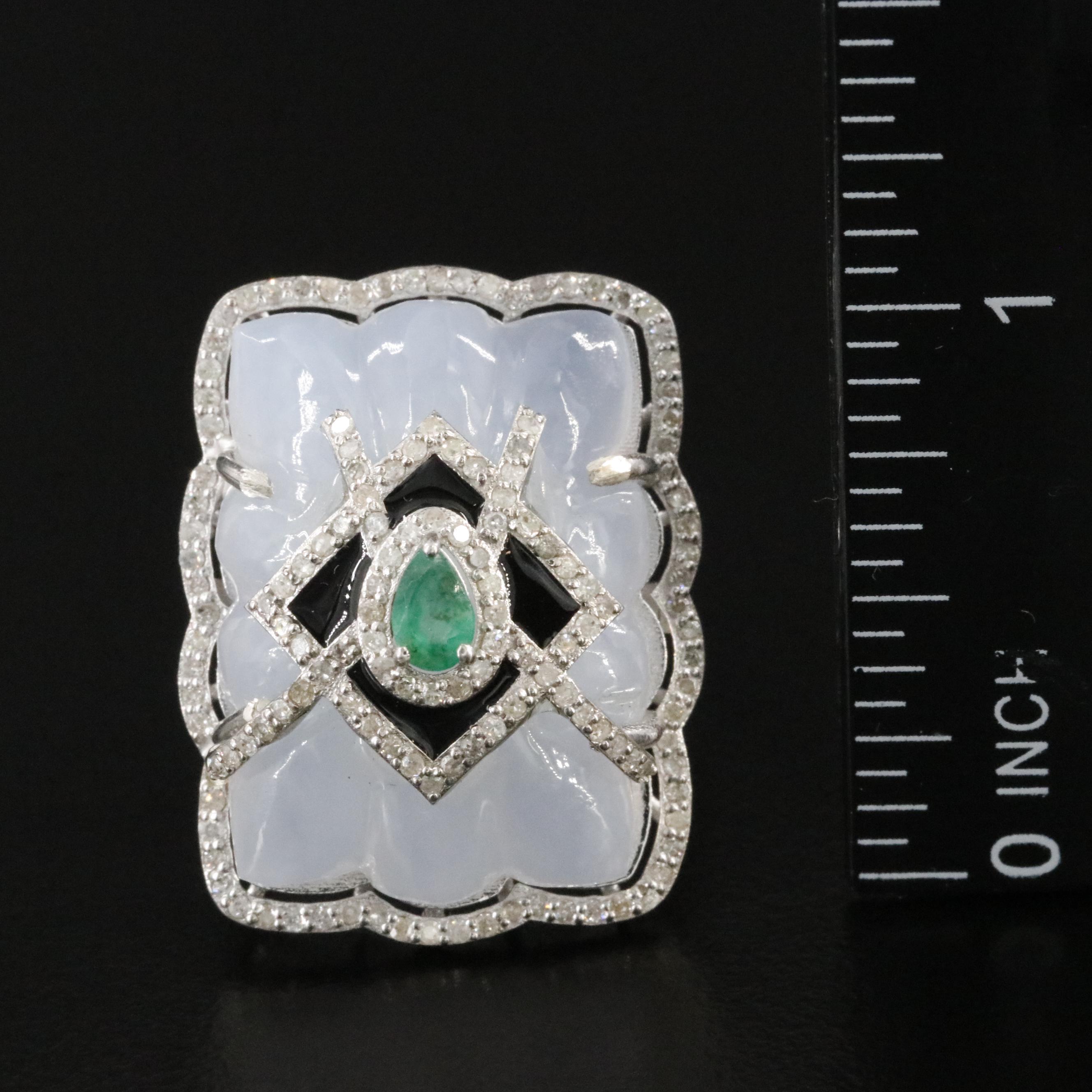 Sterling Emerald, Chalcedony, Diamond and Enamel Ring