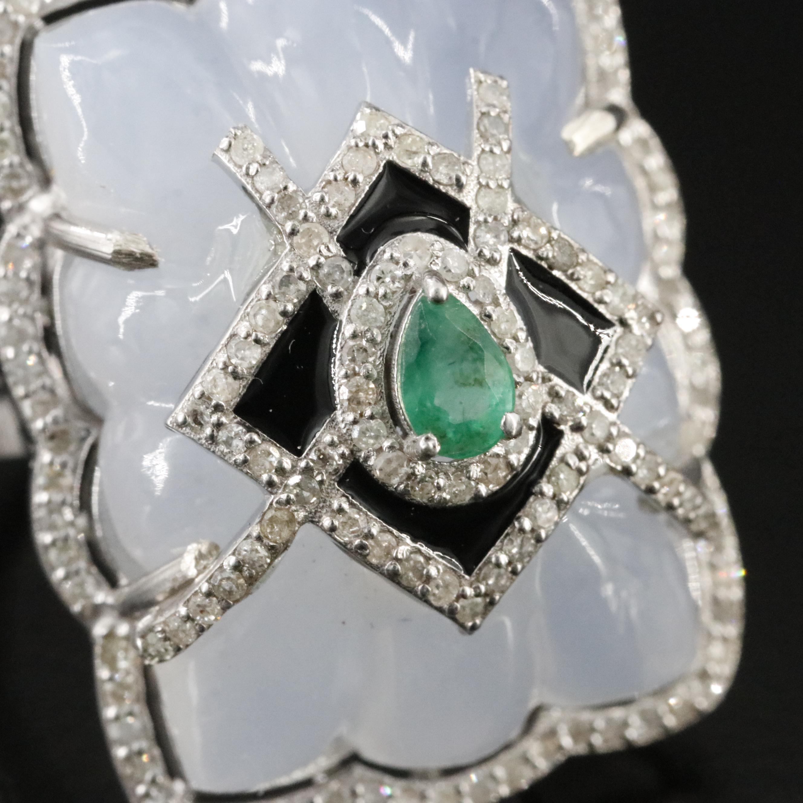 Sterling Emerald, Chalcedony, Diamond and Enamel Ring