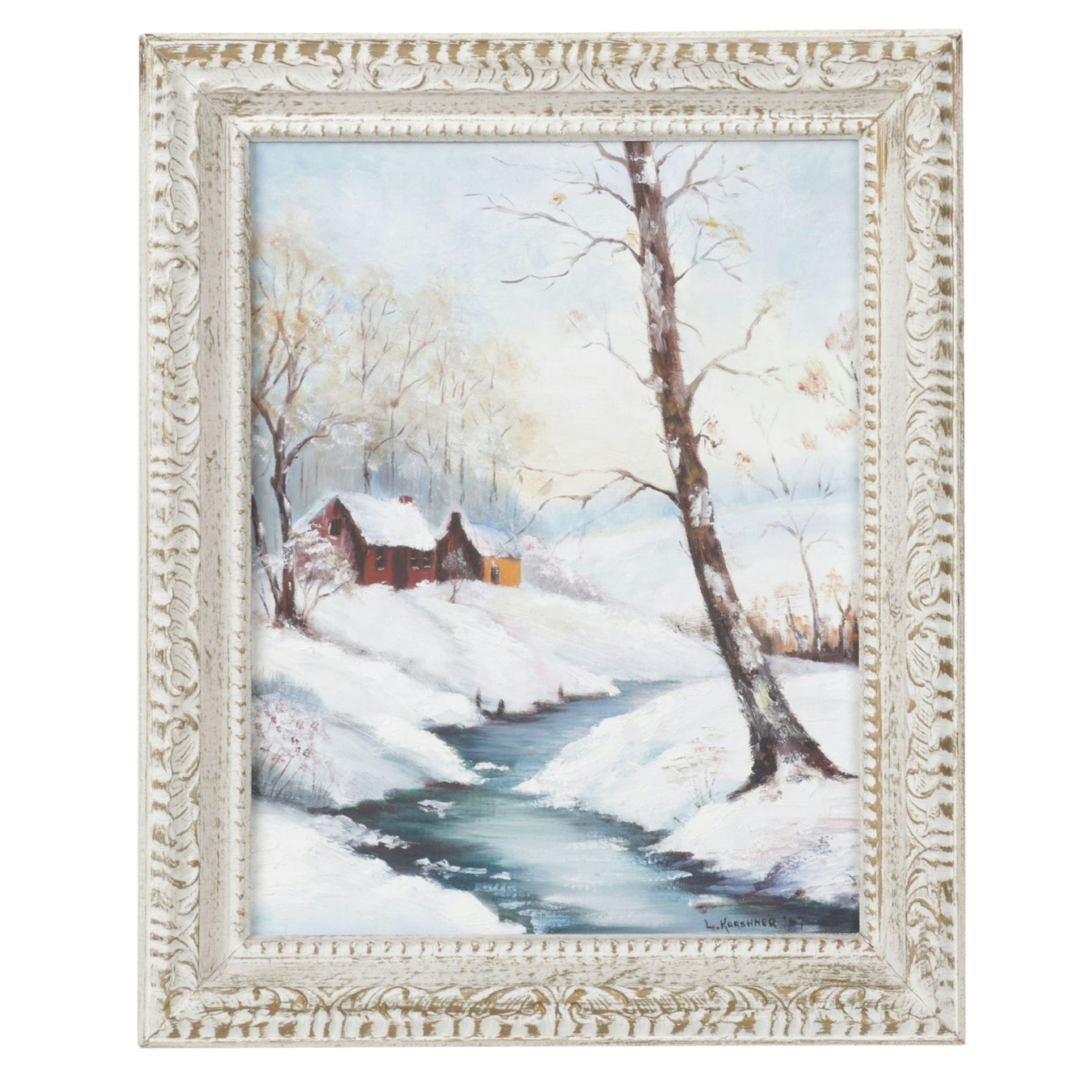 Louise Karshner Winter Landscape Oil Painting of Cottages Near a Stream, 1967