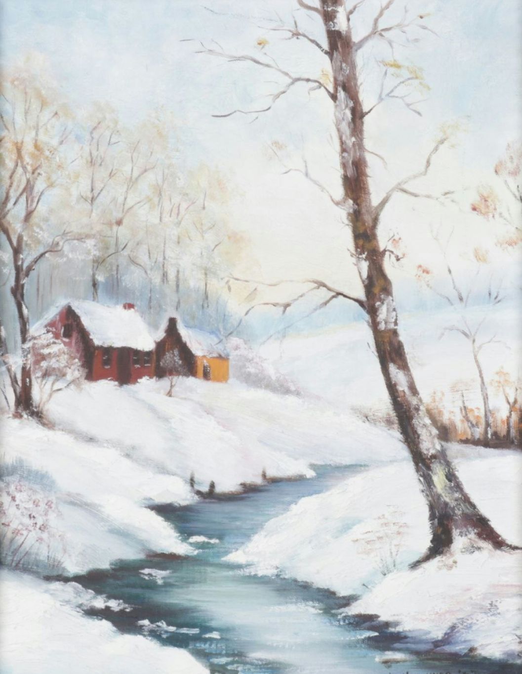 Louise Karshner Winter Landscape Oil Painting of Cottages Near a Stream, 1967