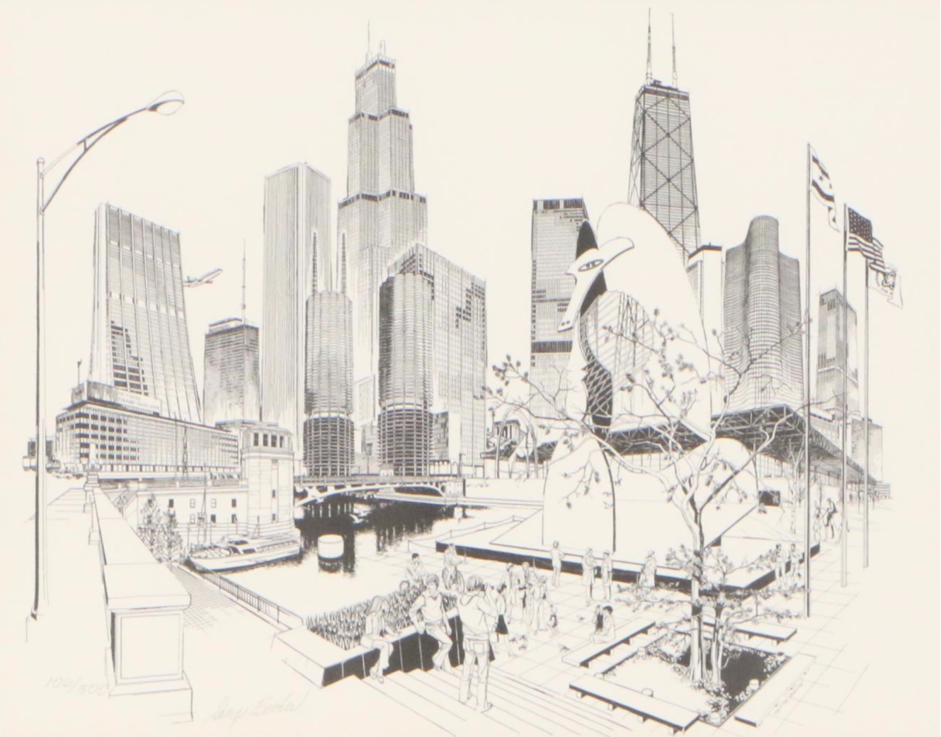 George Becker Lithograph of Chicago Cityscape, Circa 1975