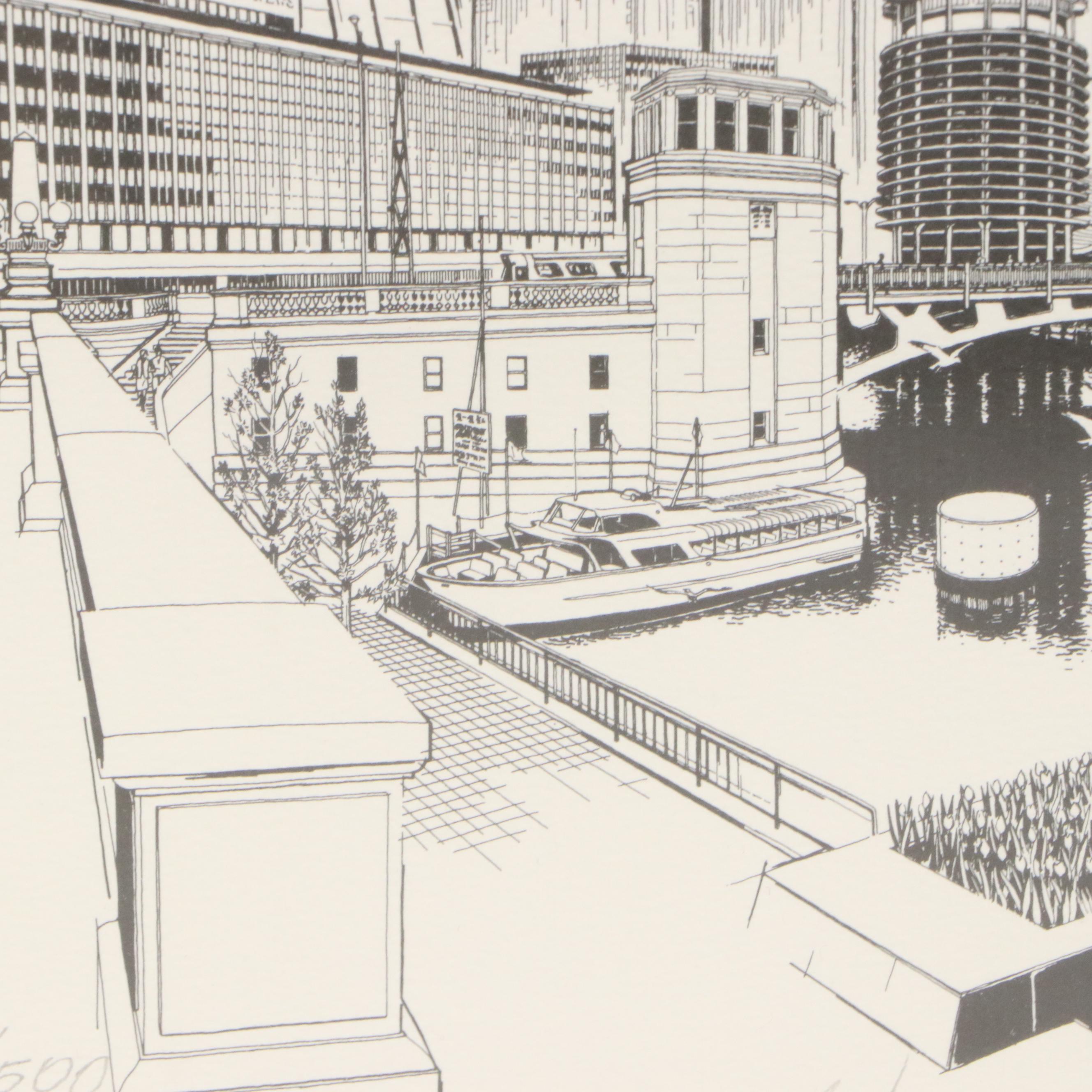 George Becker Lithograph of Chicago Cityscape, Circa 1975