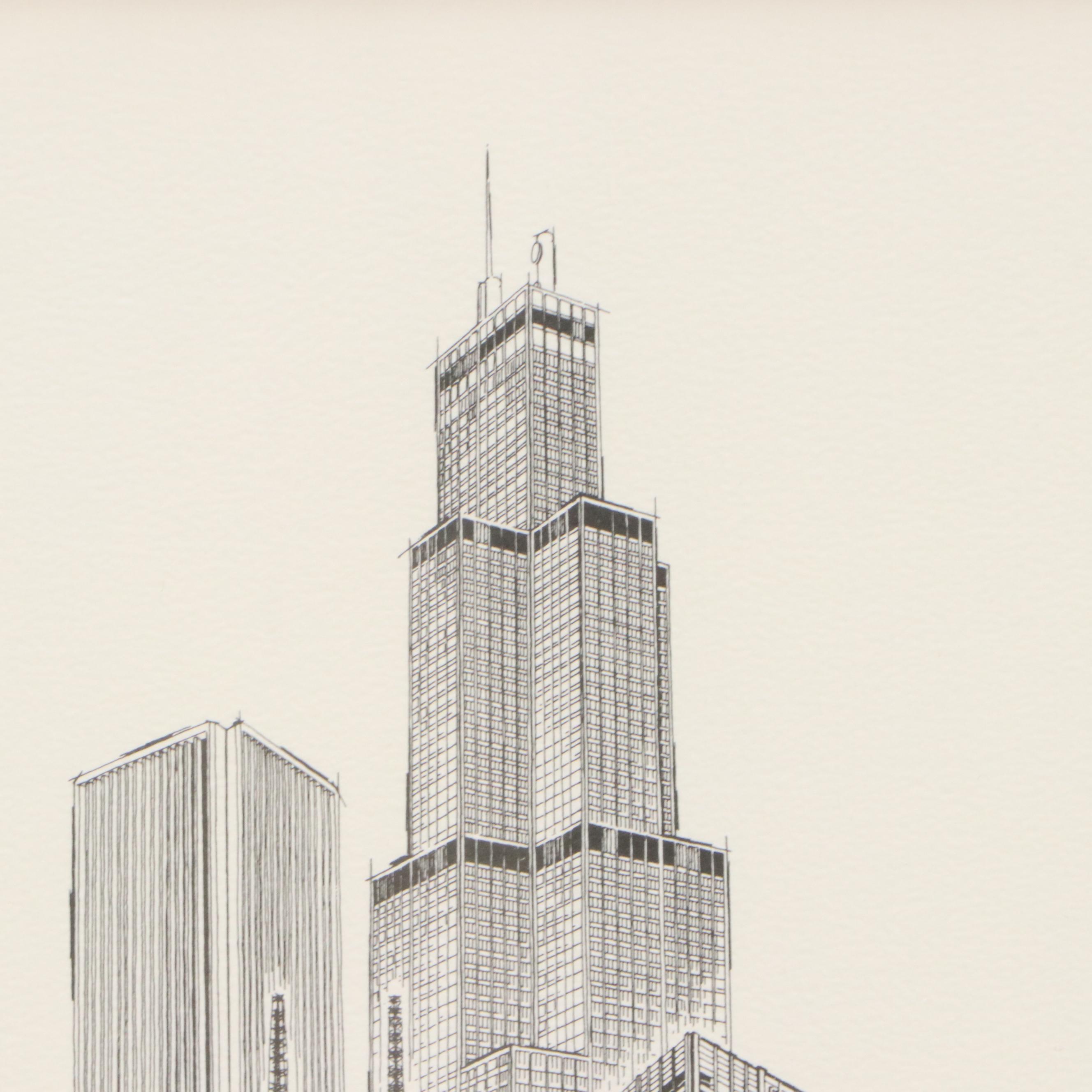 George Becker Lithograph of Chicago Cityscape, Circa 1975