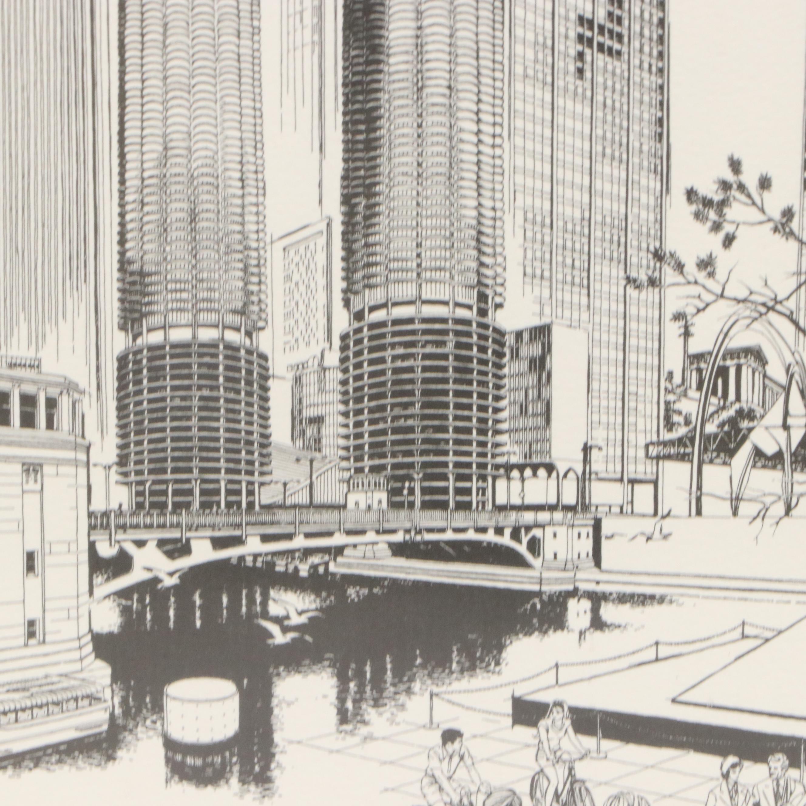 George Becker Lithograph of Chicago Cityscape, Circa 1975