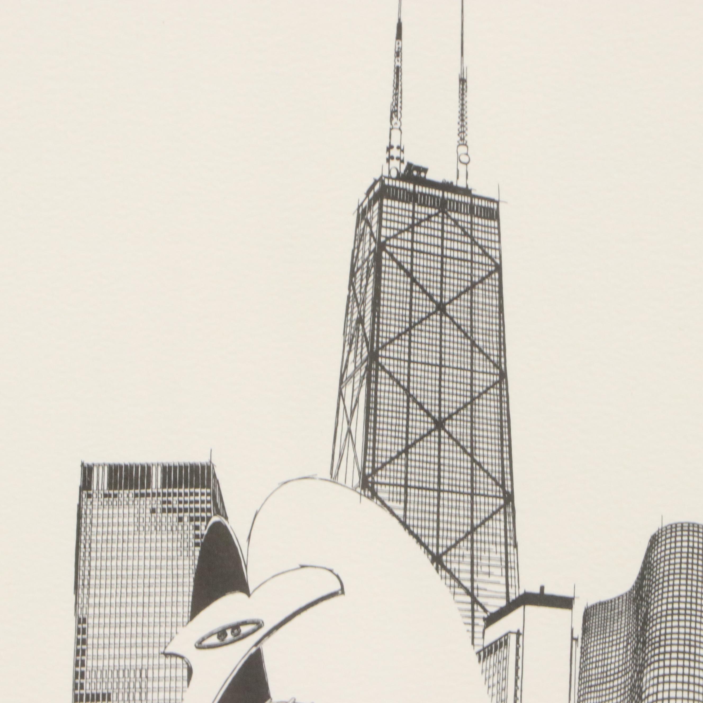 George Becker Lithograph of Chicago Cityscape, Circa 1975
