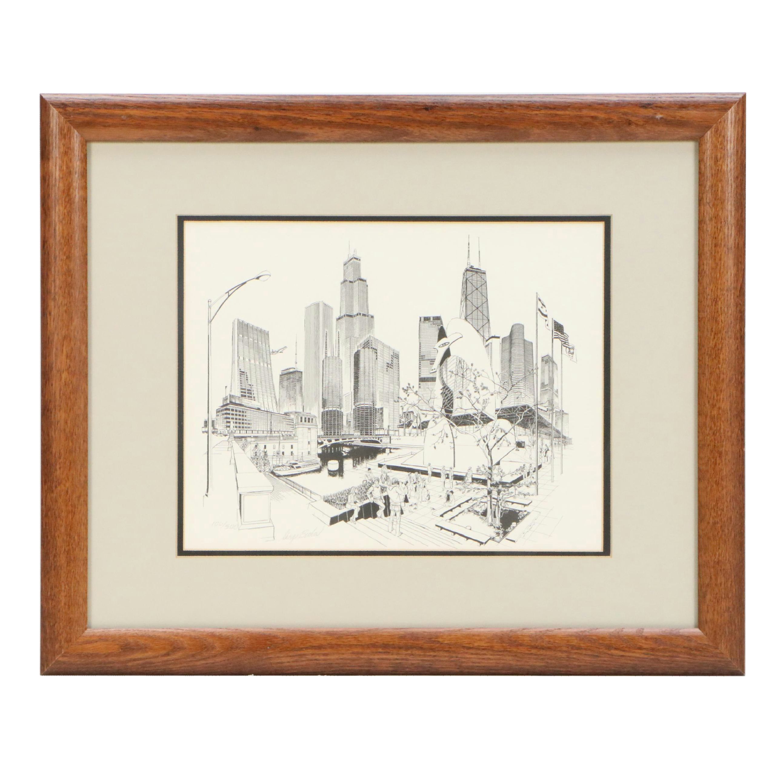 George Becker Lithograph of Chicago Cityscape, Circa 1975