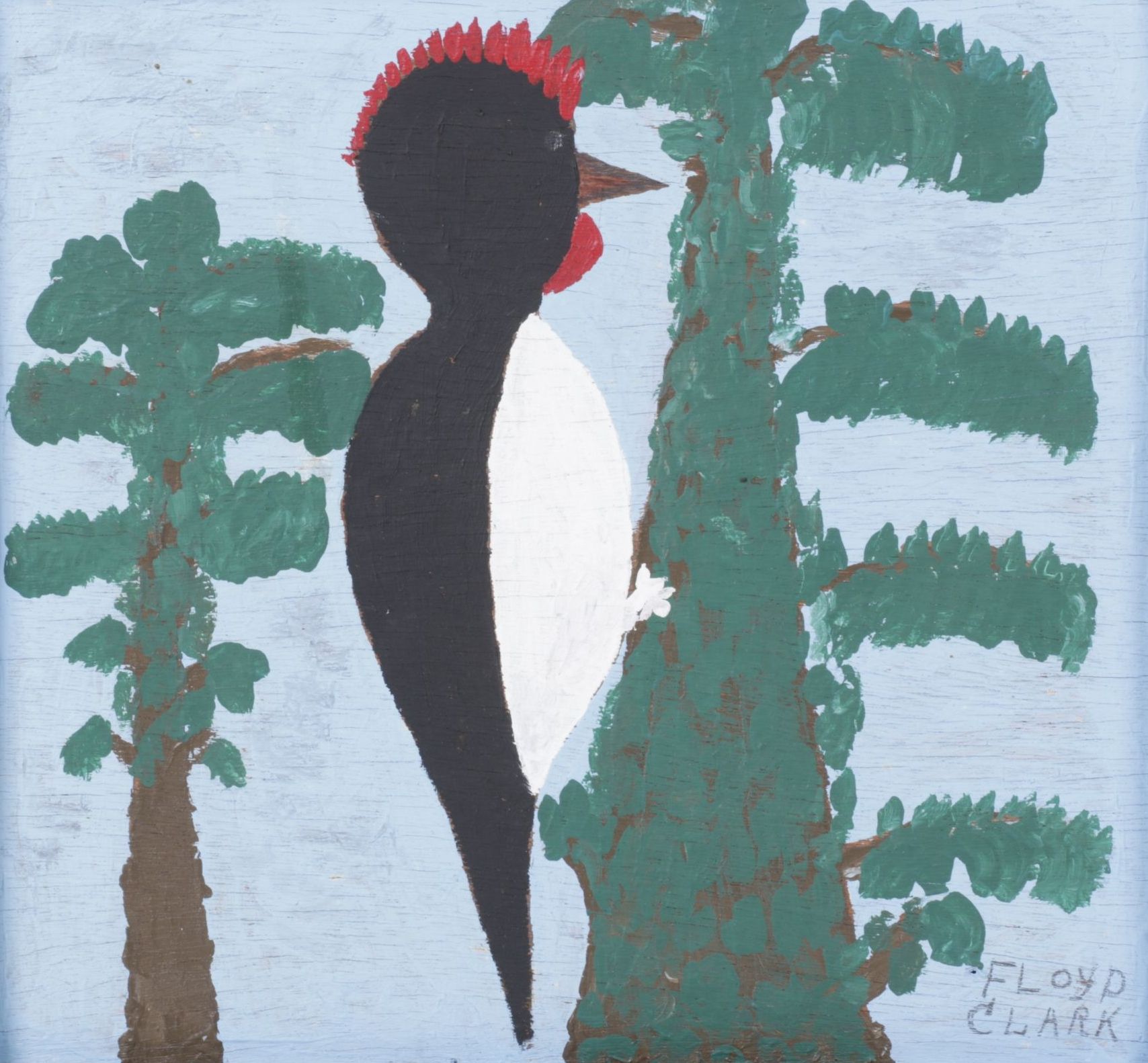 Floyd Clark Contemporary Folk Art Acrylic Painting of a Scavenging Woodpecker