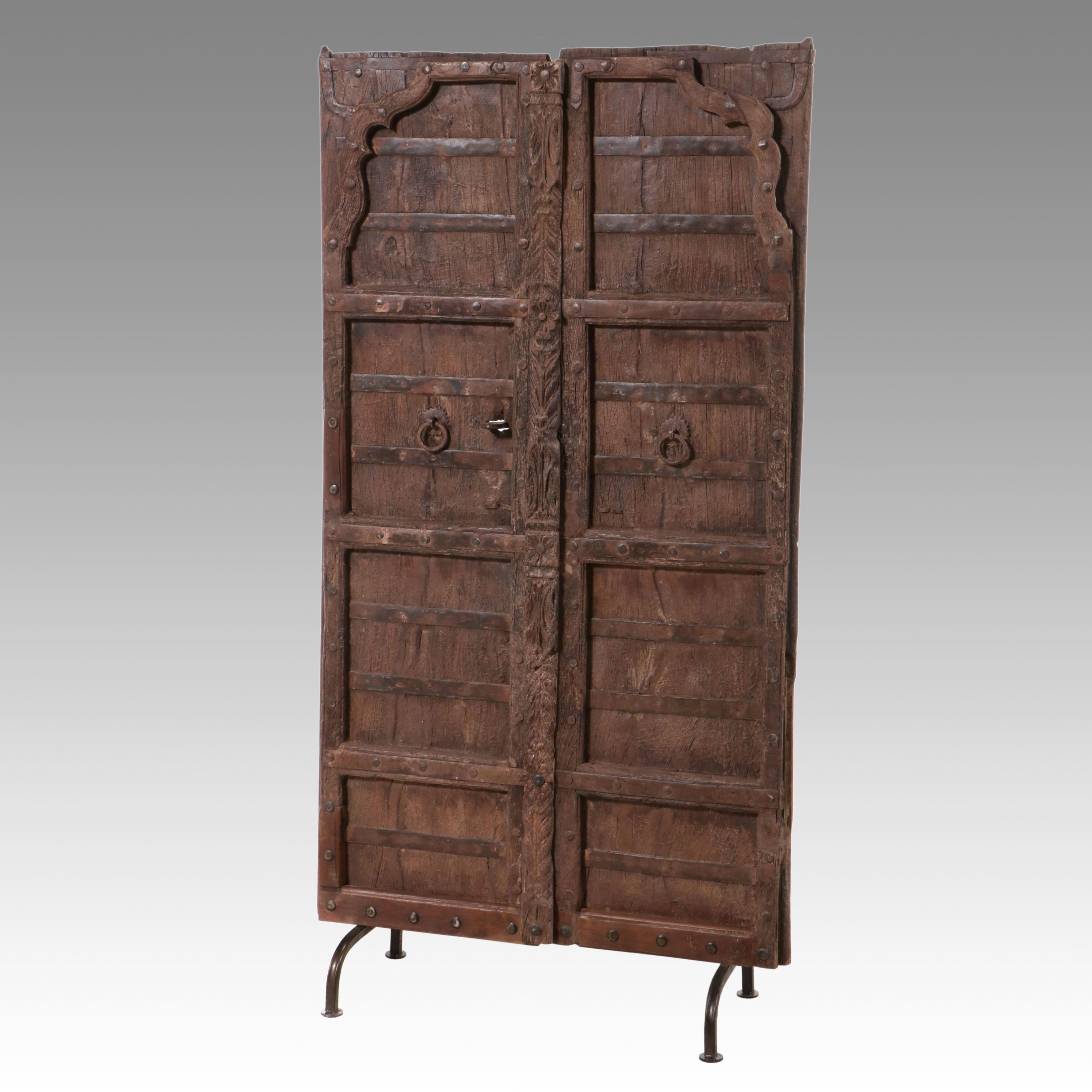 Reclaimed Indian Carved Wood Double Doors on Metal Stand