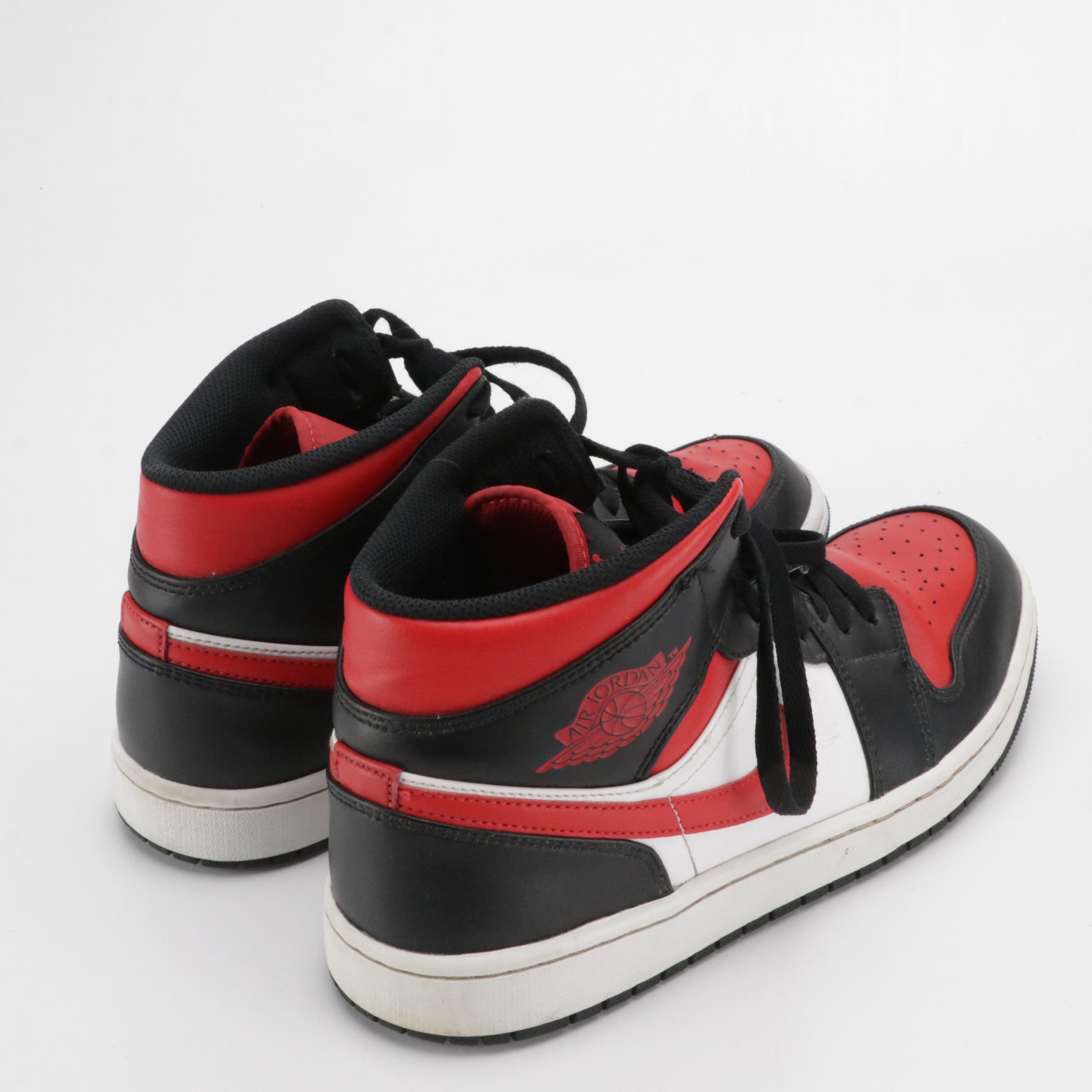 Men's Air Jordan 1 Mid-Rise Sneakers in Black, Fire Red and White with Box