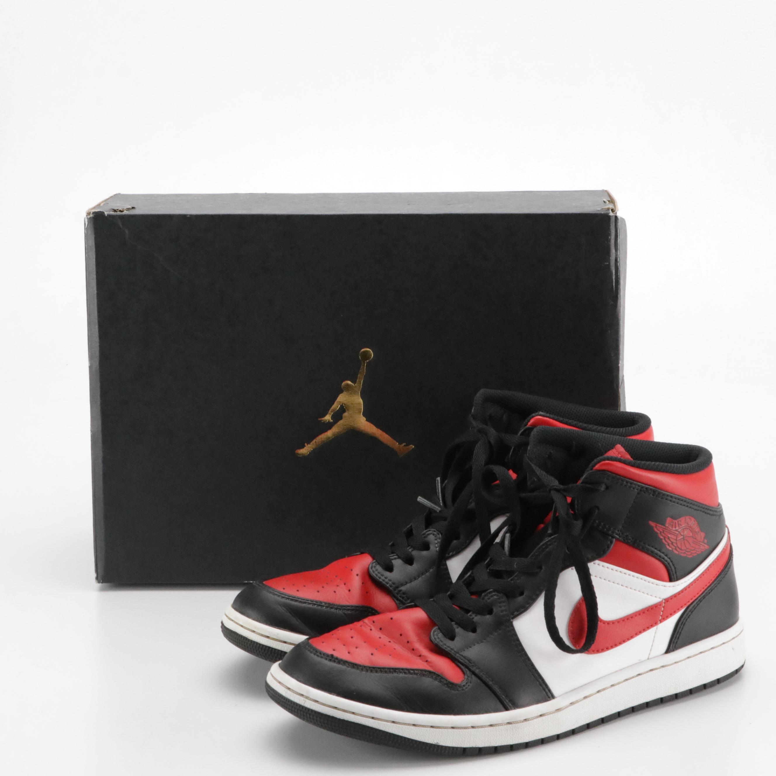 Men's Air Jordan 1 Mid-Rise Sneakers in Black, Fire Red and White with Box