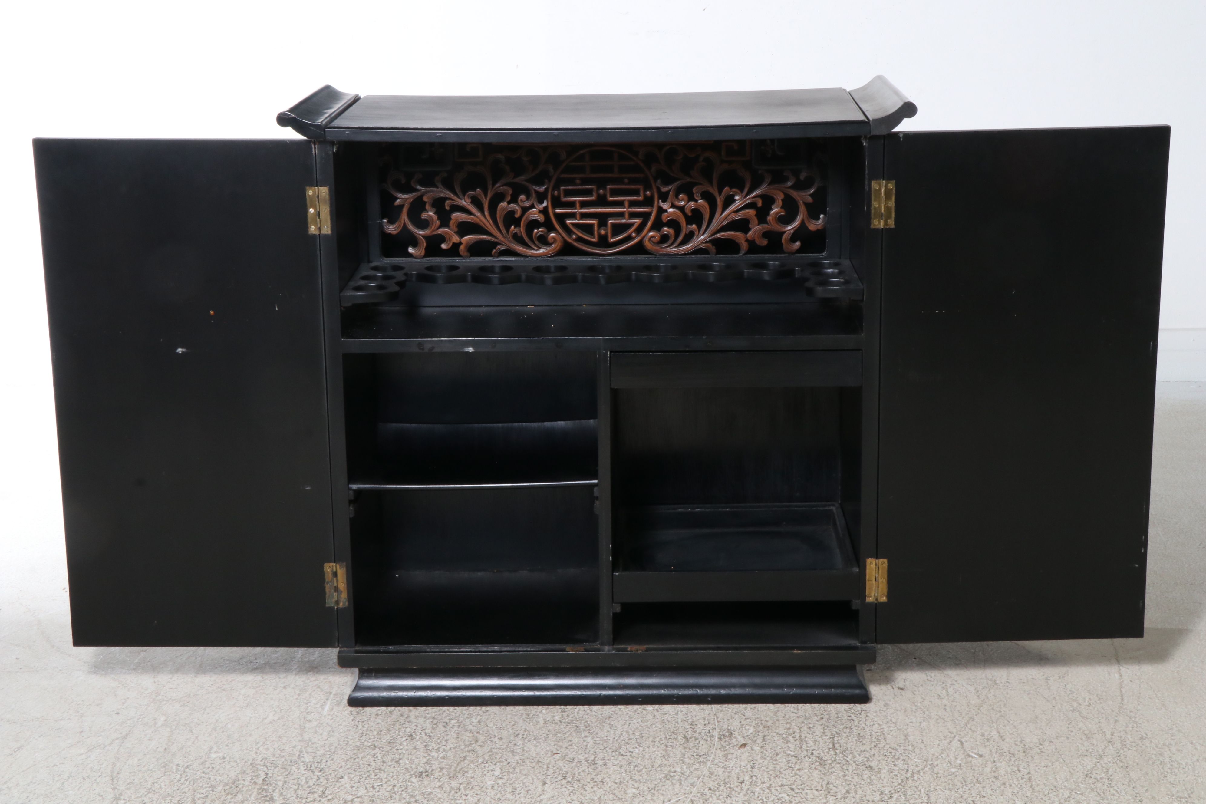 Chinese Black Lacquered and Embellished Bar Cabinet