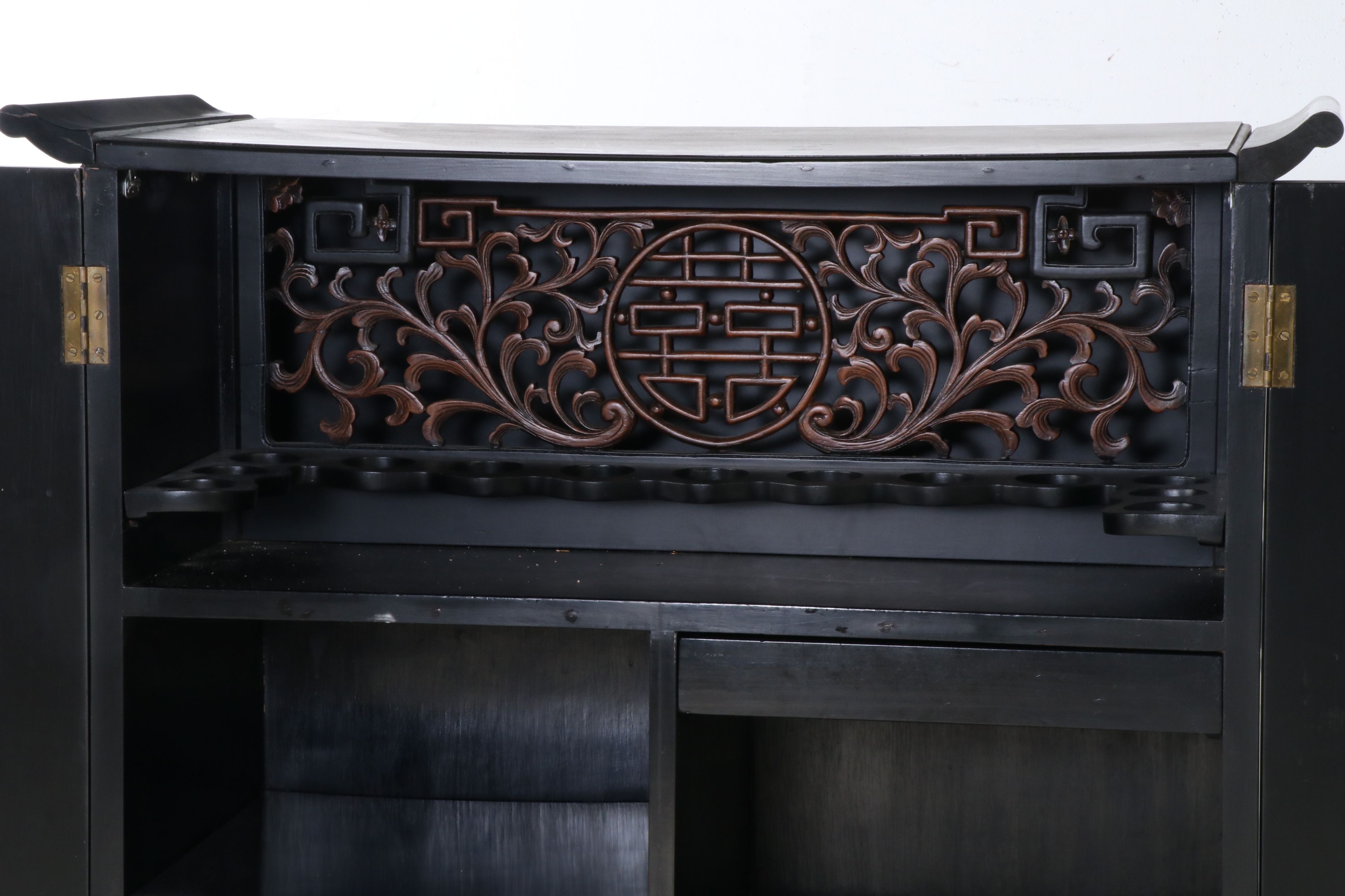 Chinese Black Lacquered and Embellished Bar Cabinet
