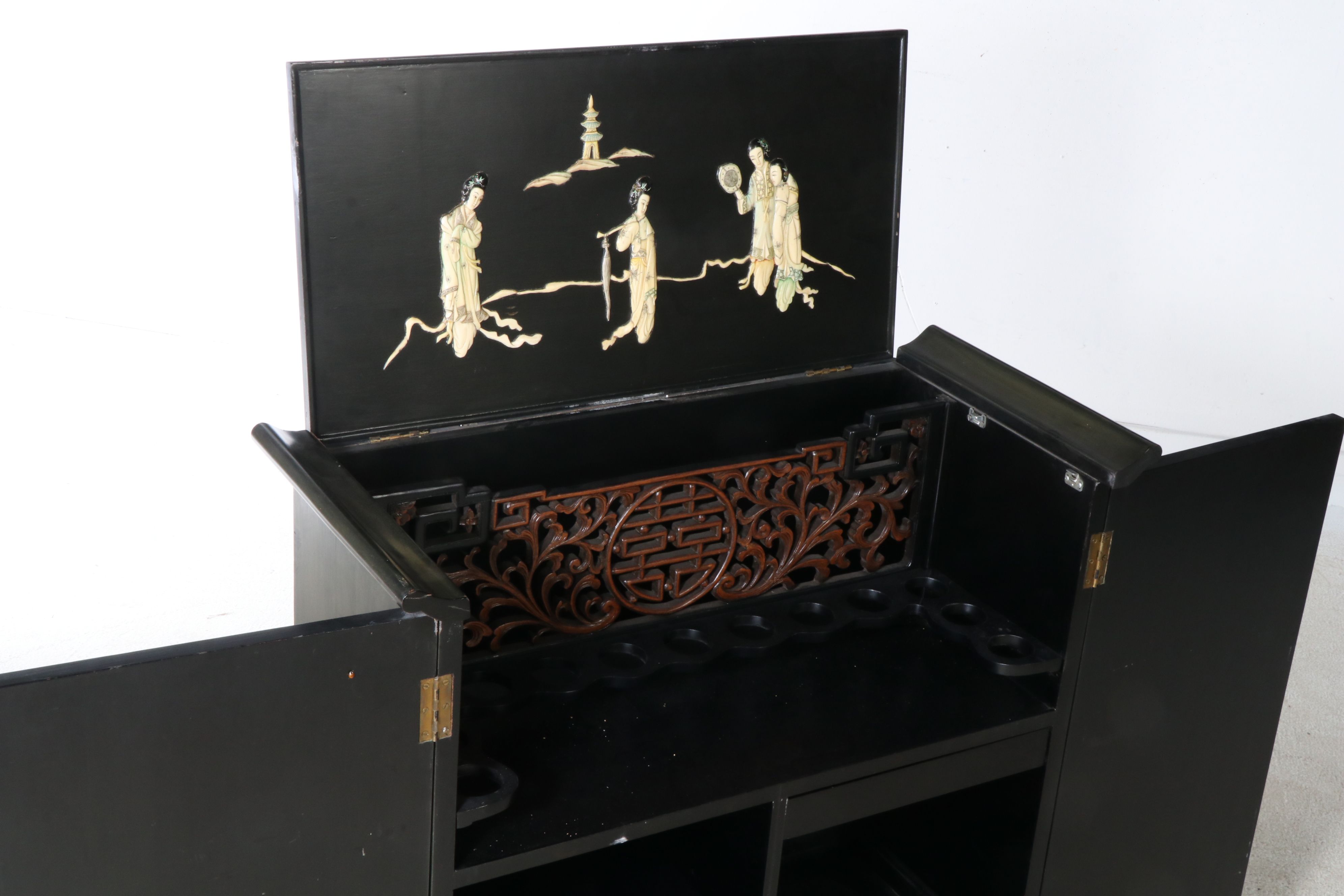 Chinese Black Lacquered and Embellished Bar Cabinet