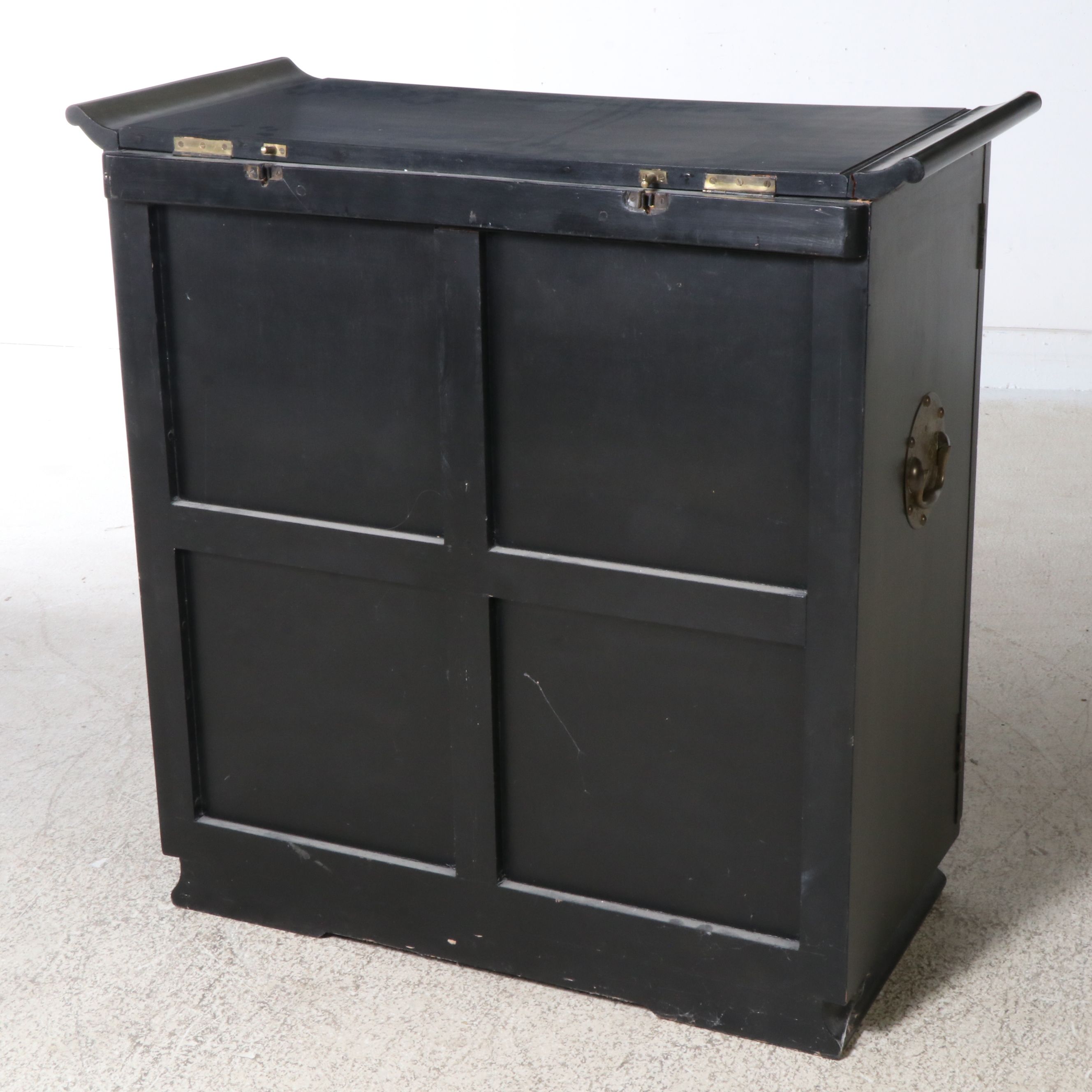 Chinese Black Lacquered and Embellished Bar Cabinet