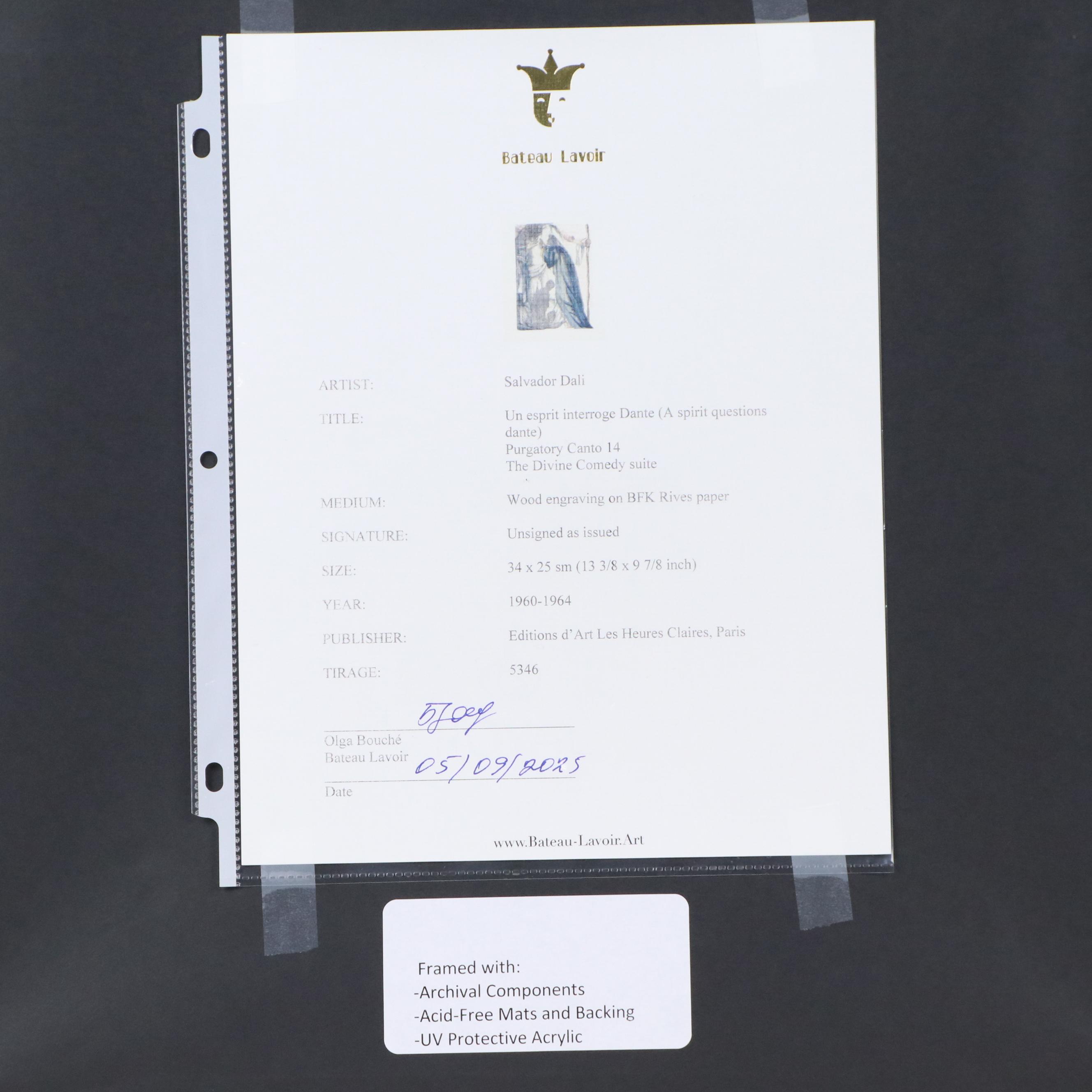 Salvador Dali Wood Engraving "Un esprit interroge Dante," 1960–1964