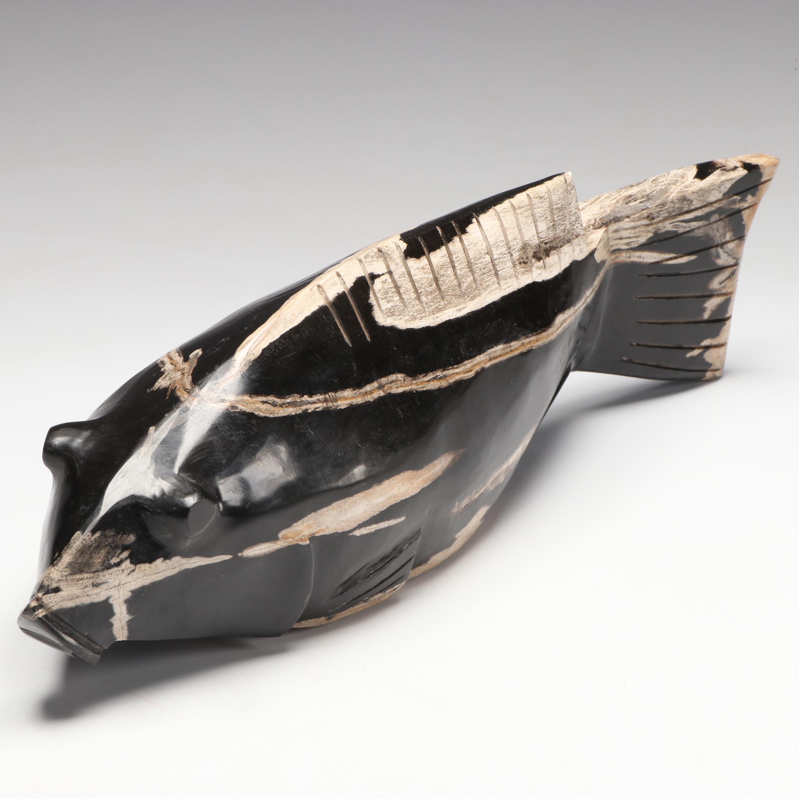 Hand-Carved Black Petrified Wood Catfish